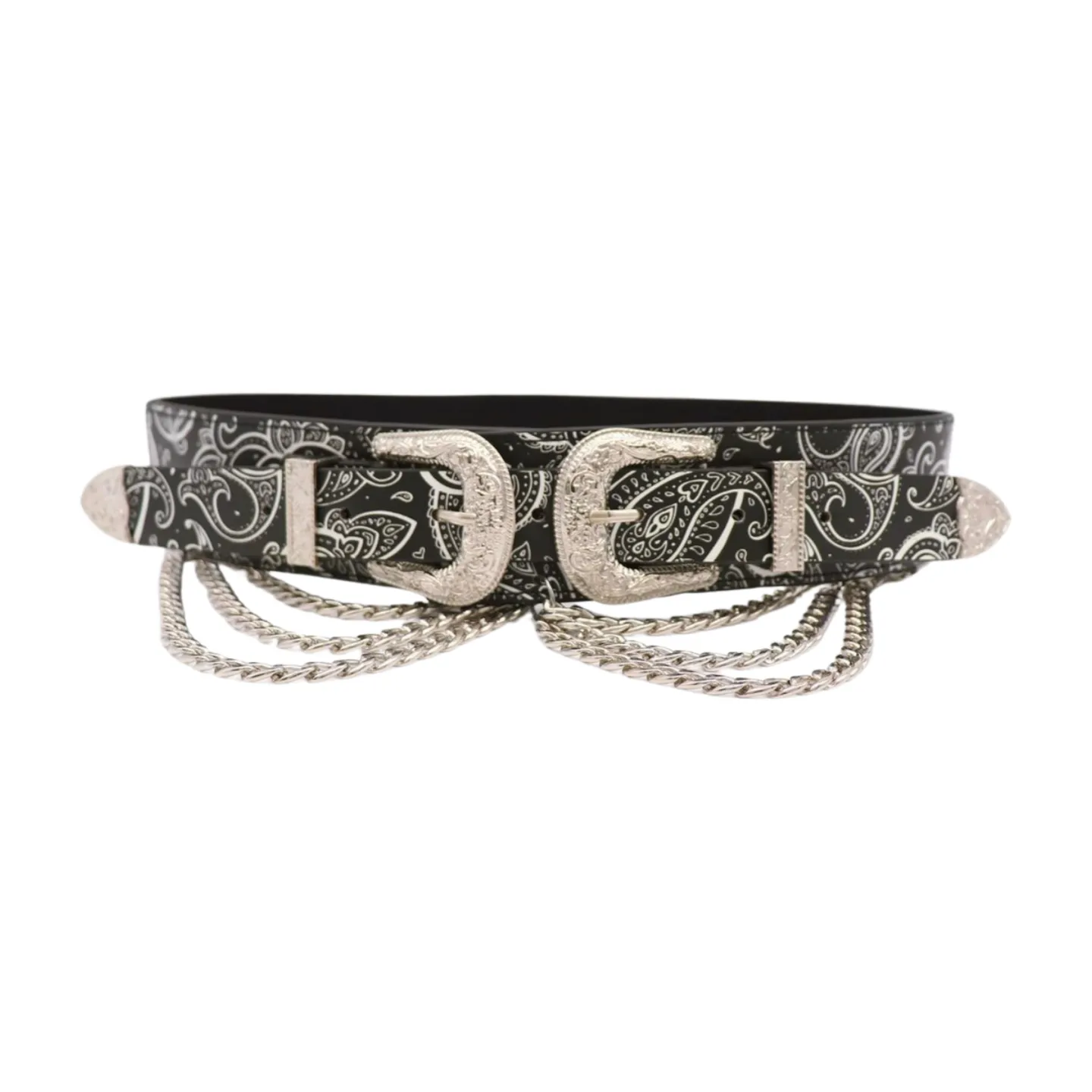 Women Black Elastic Belt Paisley Print Western Double Buckle Chain S M