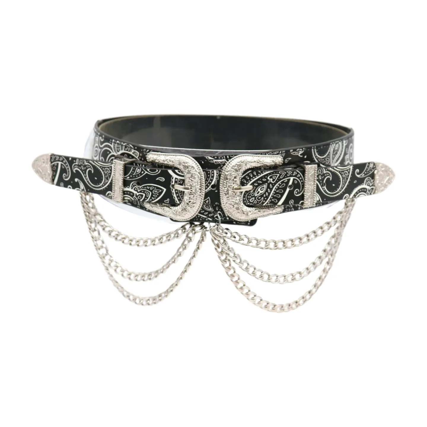 Women Black Elastic Belt Paisley Print Western Double Buckle Chain S M