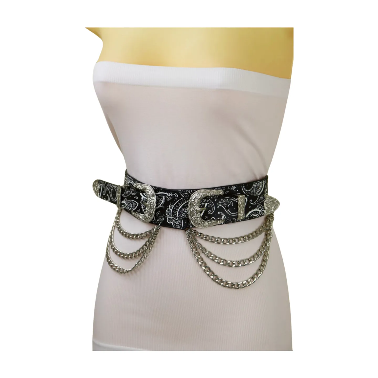 Women Black Elastic Belt Paisley Print Western Double Buckle Chain S M