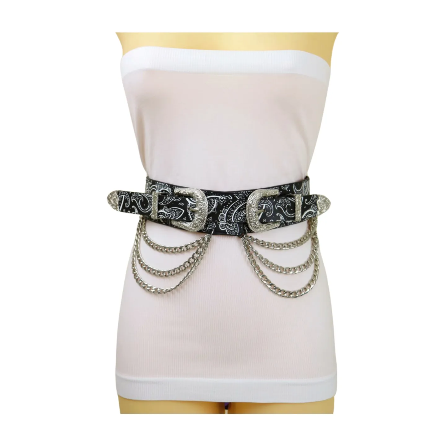 Women Black Elastic Belt Paisley Print Western Double Buckle Chain S M