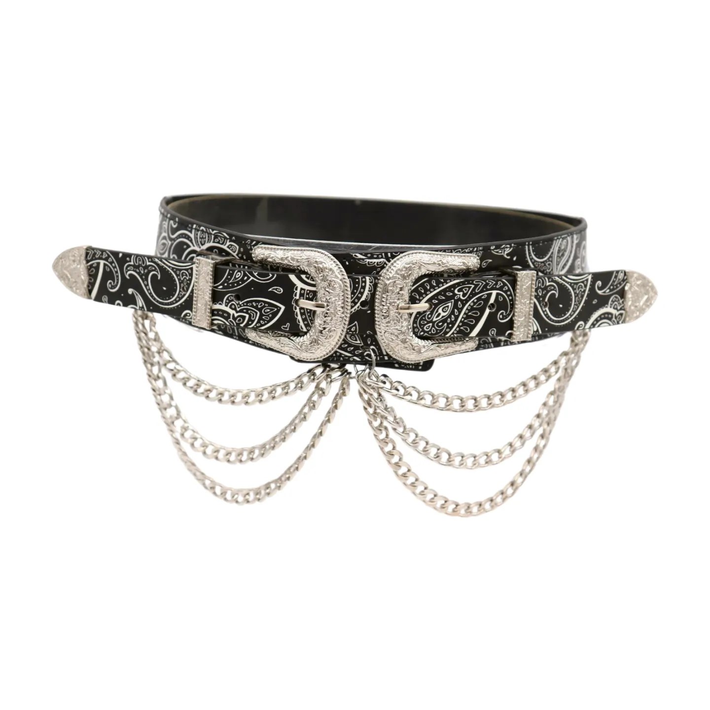 Women Black Elastic Belt Paisley Print Western Double Buckle Chain S M