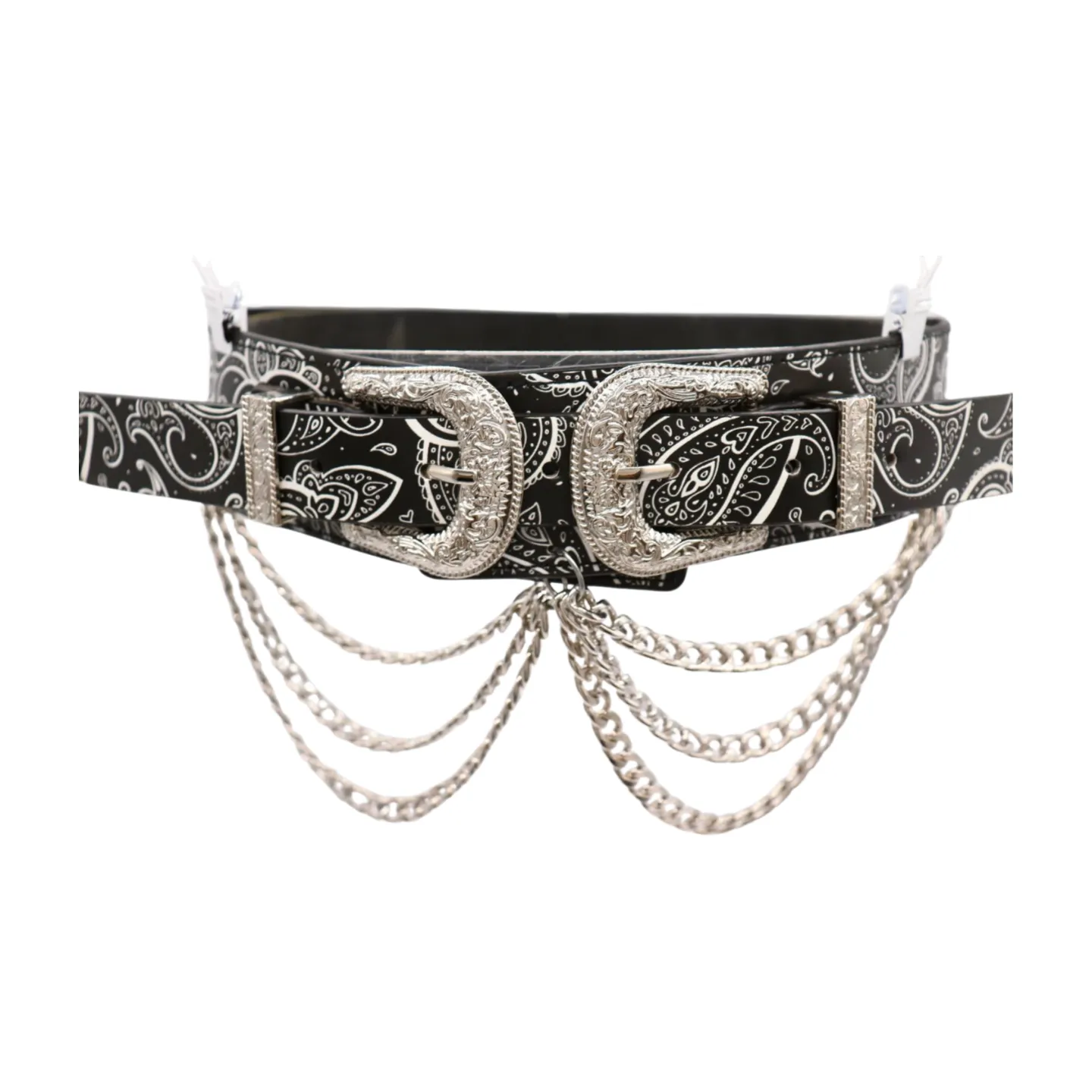 Women Black Elastic Belt Paisley Print Western Double Buckle Chain S M