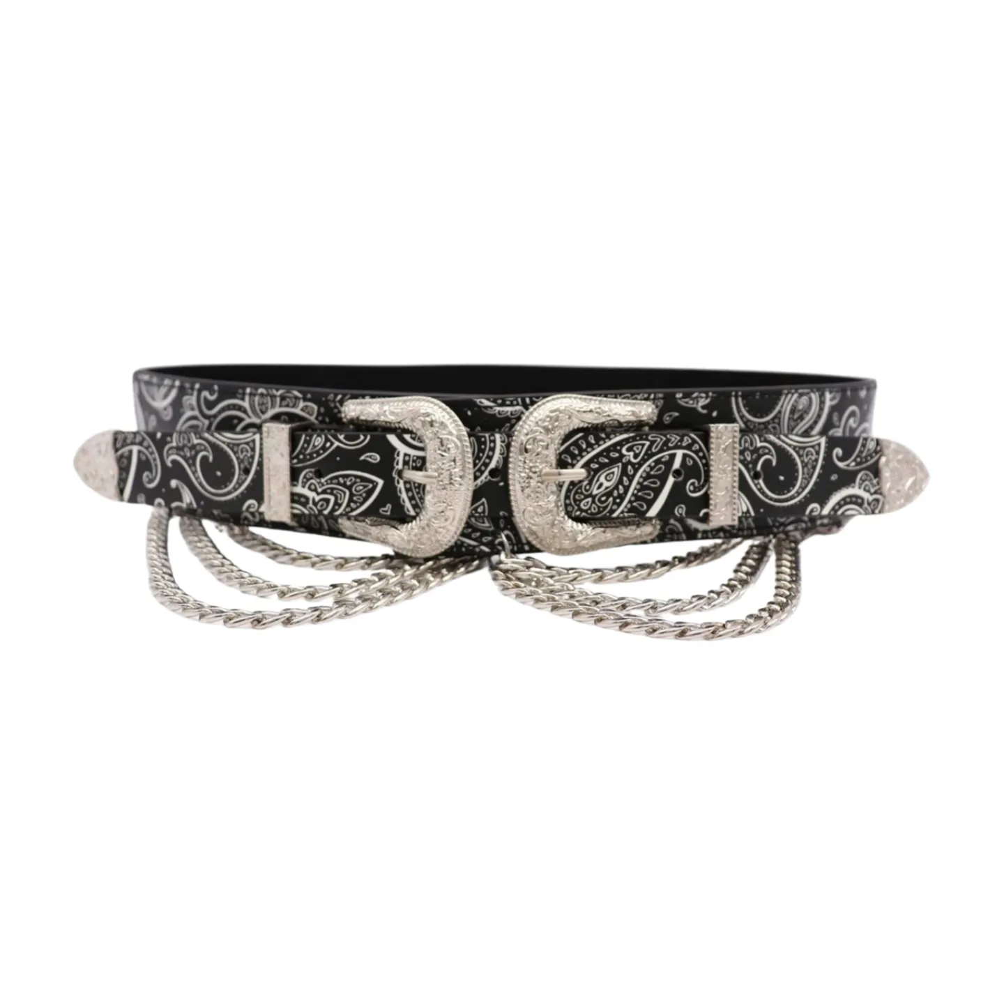 Women Black Elastic Belt Paisley Print Western Double Buckle Chain S M