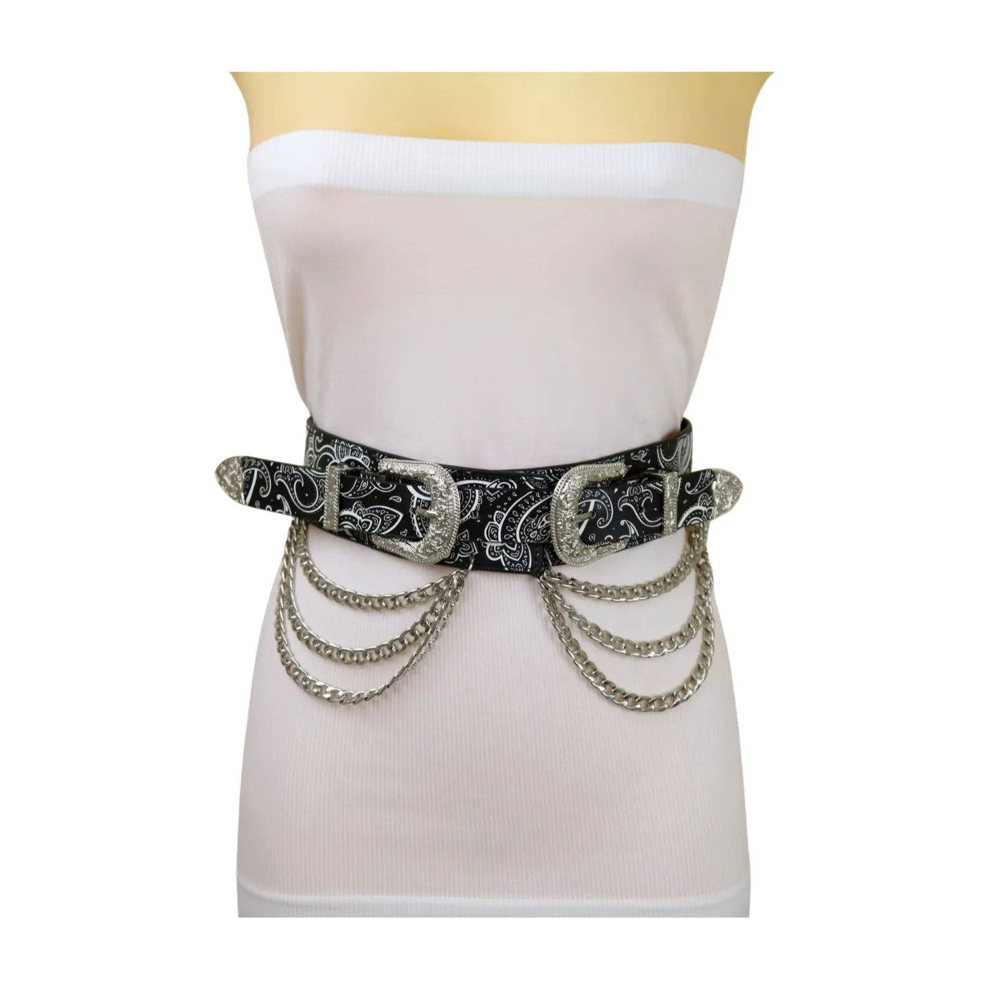 Women Black Elastic Belt Paisley Print Western Double Buckle Chain S M
