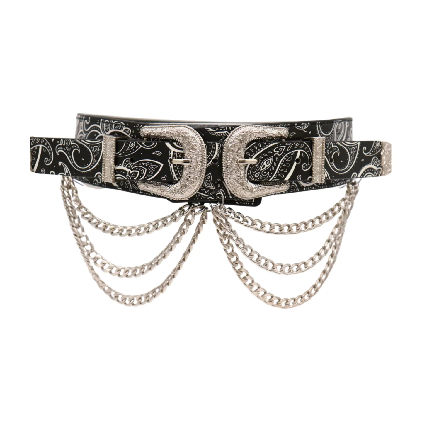 Women Black Elastic Belt Paisley Print Western Double Buckle Chain S M