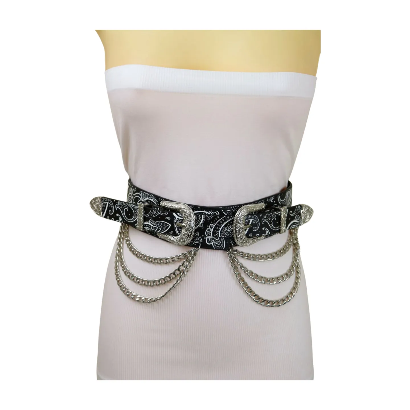 Women Black Elastic Belt Paisley Print Western Double Buckle Chain S M
