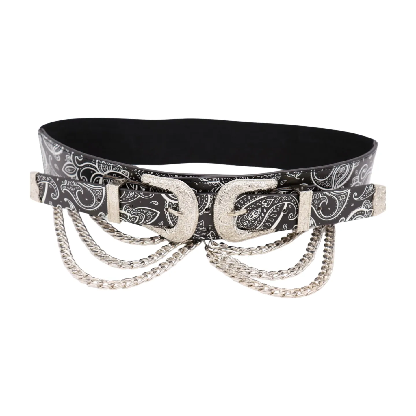 Women Black Elastic Belt Paisley Print Western Double Buckle Chain S M