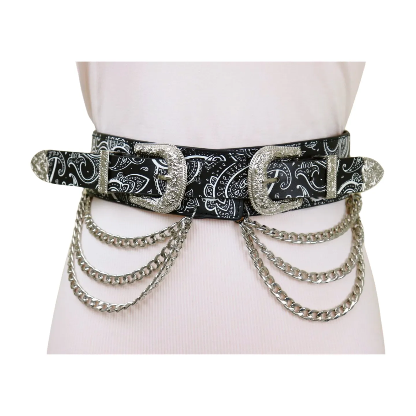 Women Black Elastic Belt Paisley Print Western Double Buckle Chain S M