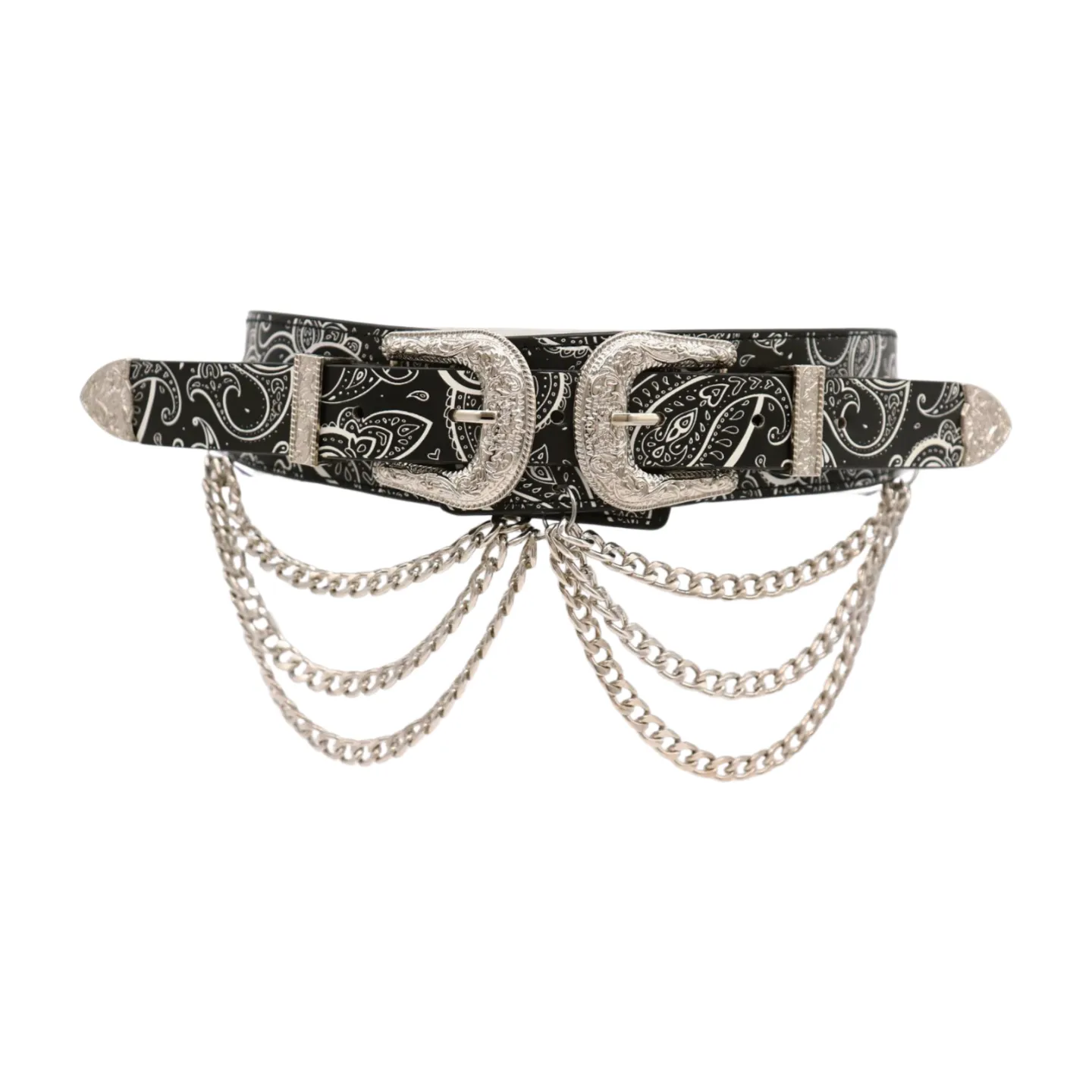 Women Black Elastic Belt Paisley Print Western Double Buckle Chain S M