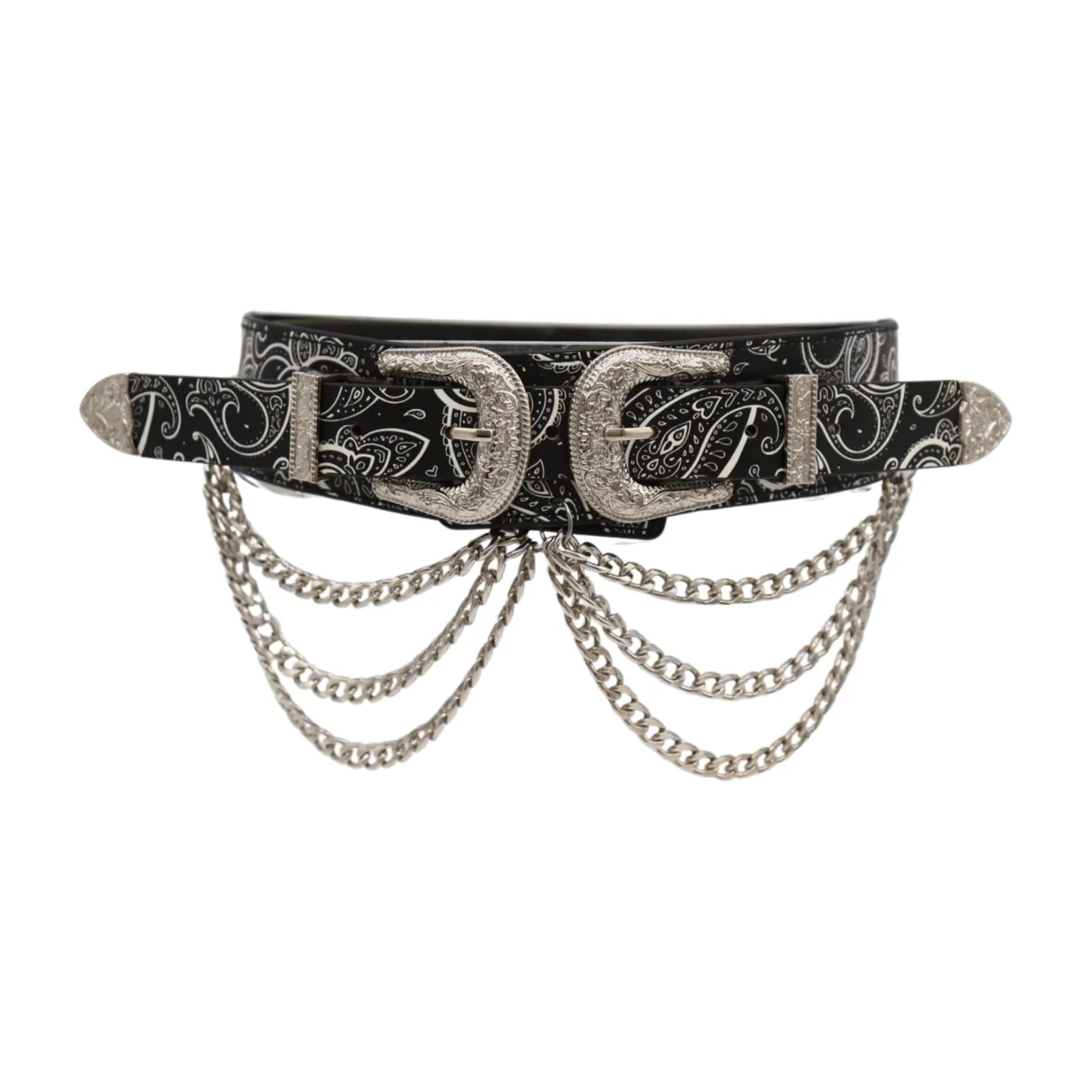Women Black Elastic Belt Paisley Print Western Double Buckle Chain S M
