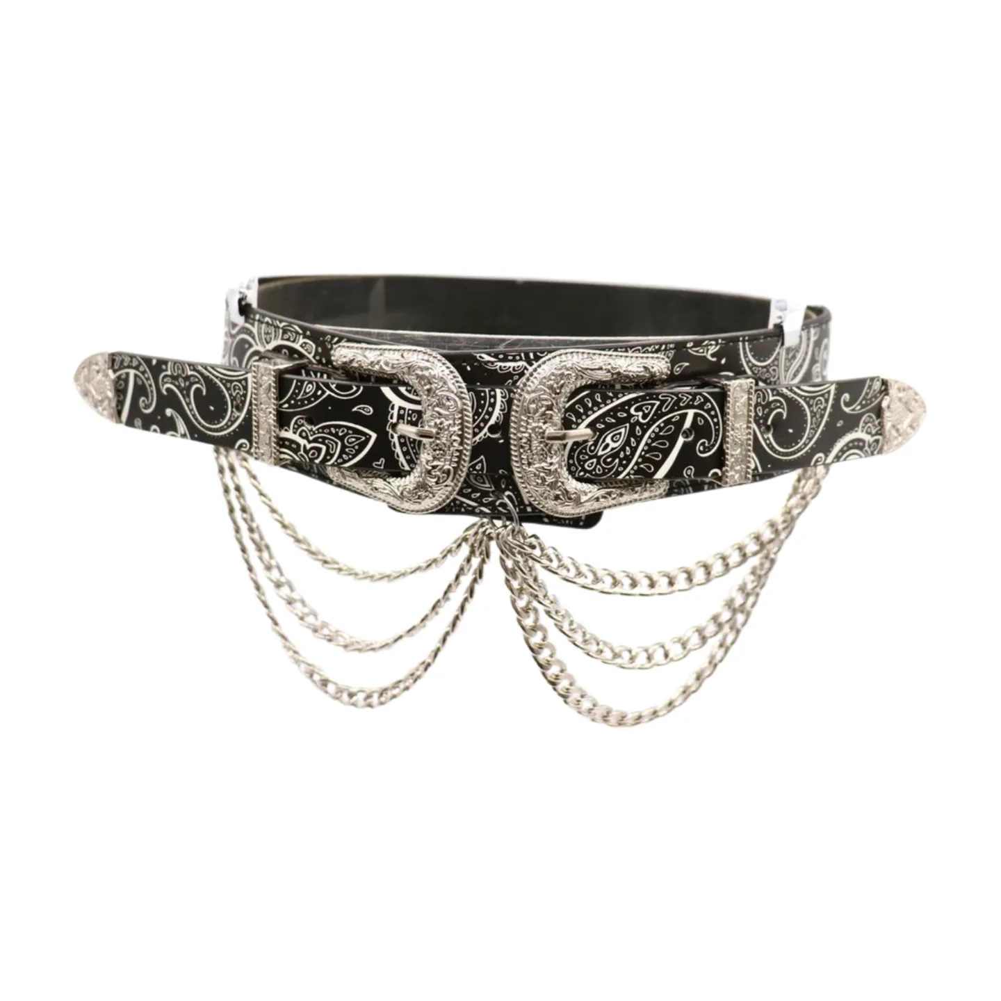Women Black Elastic Belt Paisley Print Western Double Buckle Chain S M