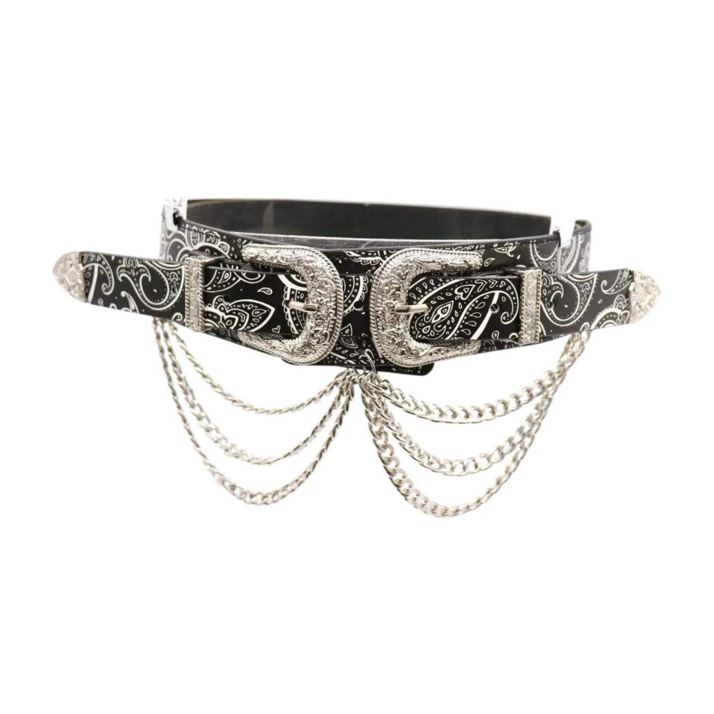 Women Black Elastic Belt Paisley Print Western Double Buckle Chain S M