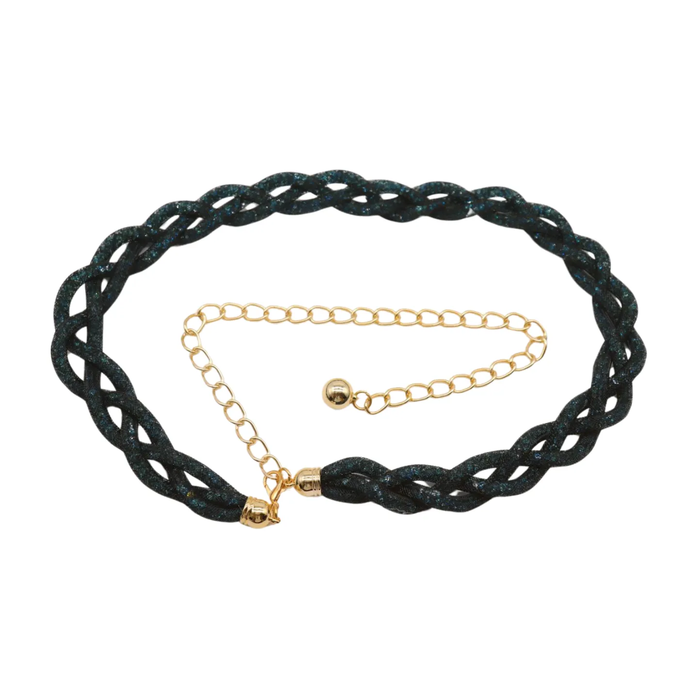 Women Black Mesh Braided Belt Blue Beads Gold Chain S M