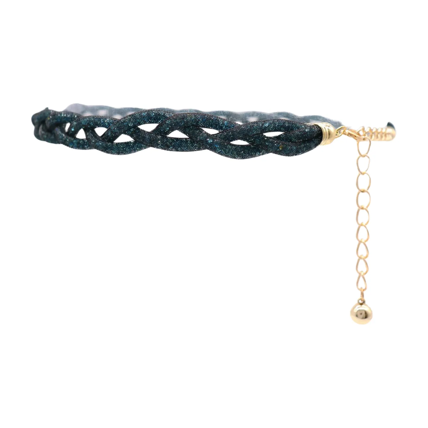 Women Black Mesh Braided Belt Blue Beads Gold Chain S M