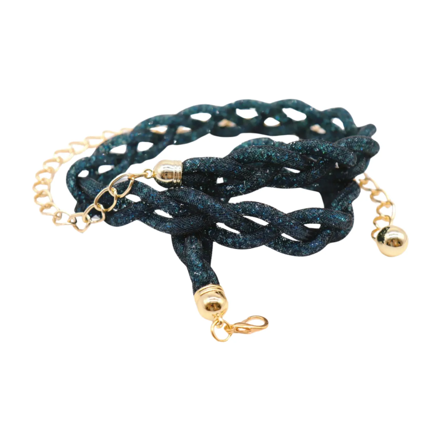 Women Black Mesh Braided Belt Blue Beads Gold Chain S M