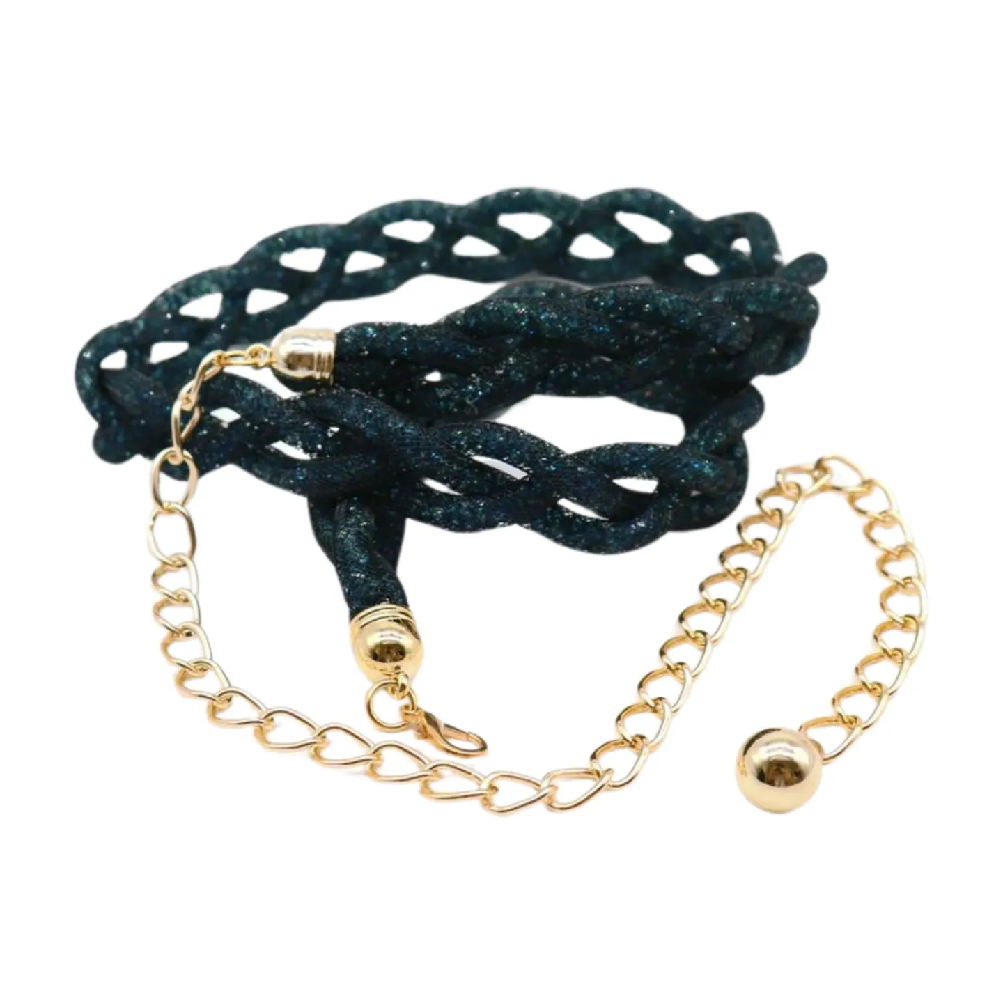 Women Black Mesh Braided Belt Blue Beads Gold Chain S M