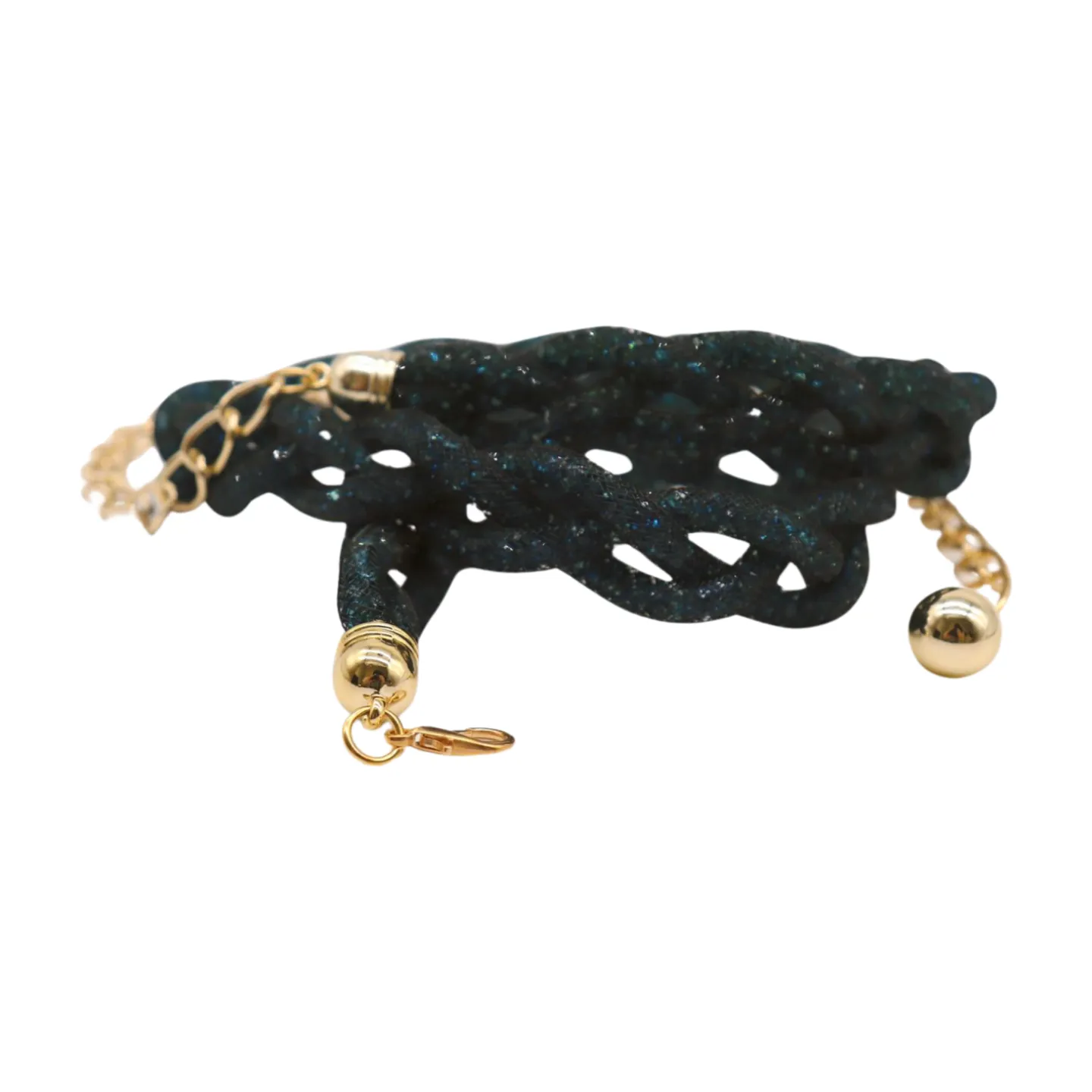 Women Black Mesh Braided Belt Blue Beads Gold Chain S M