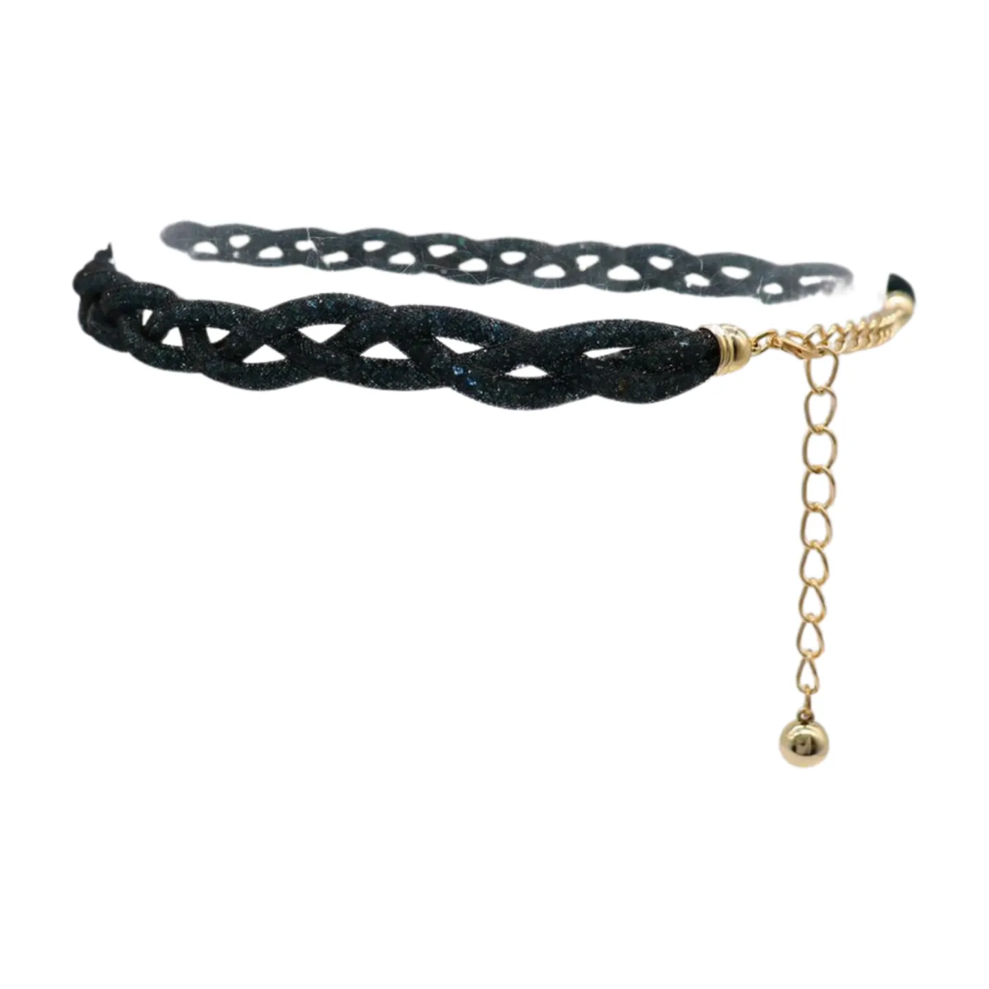 Women Black Mesh Braided Belt Blue Beads Gold Chain S M