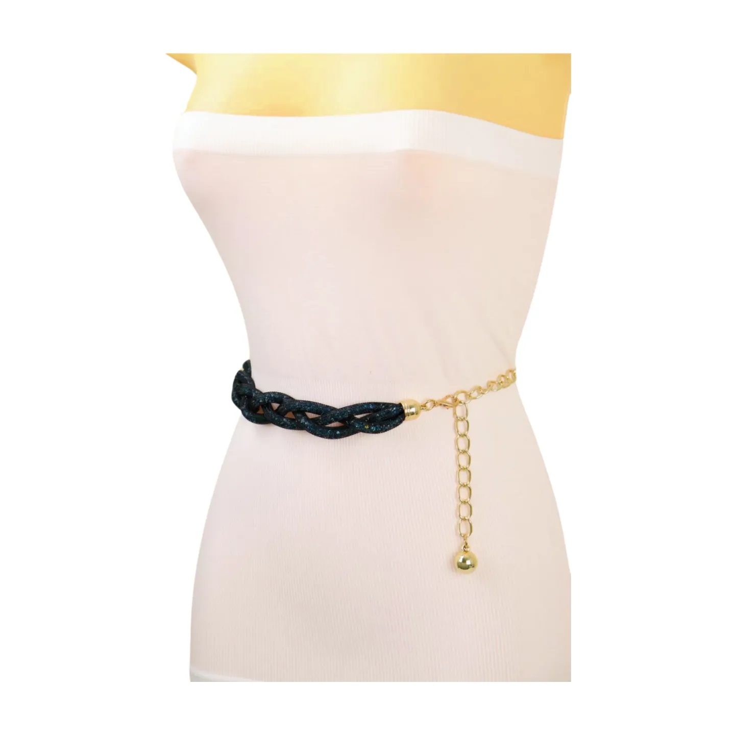 Women Black Mesh Braided Belt Blue Beads Gold Chain S M
