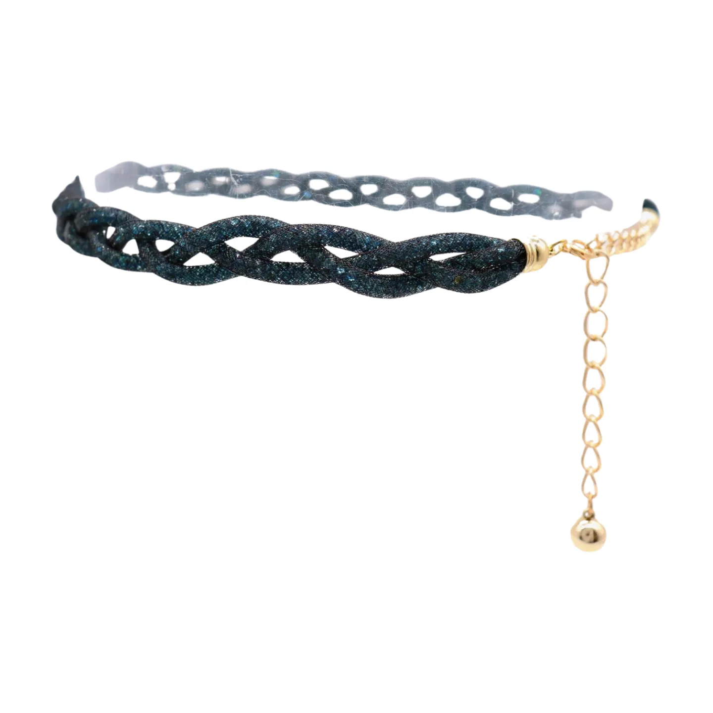 Women Black Mesh Braided Belt Blue Beads Gold Chain S M