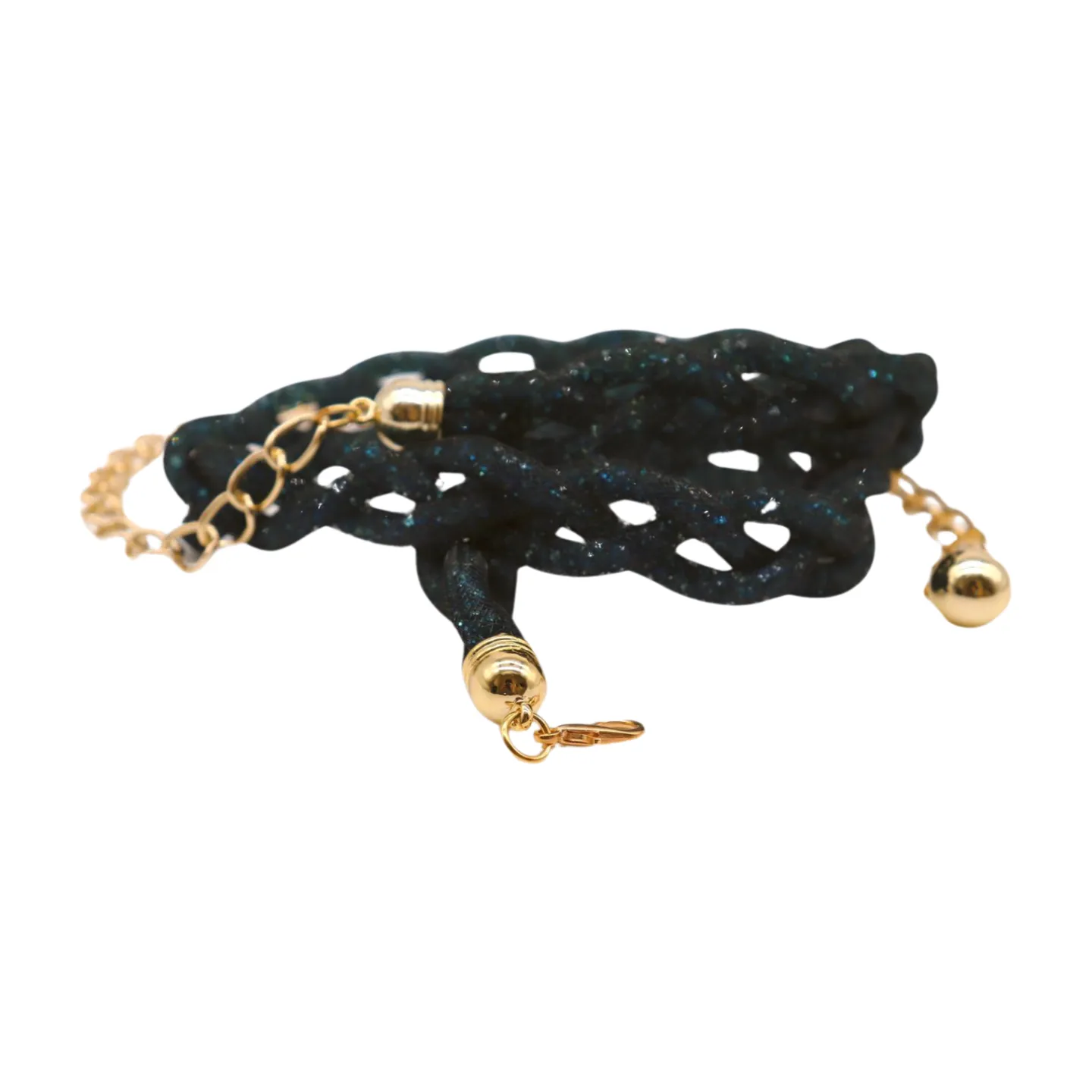 Women Black Mesh Braided Belt Blue Beads Gold Chain S M