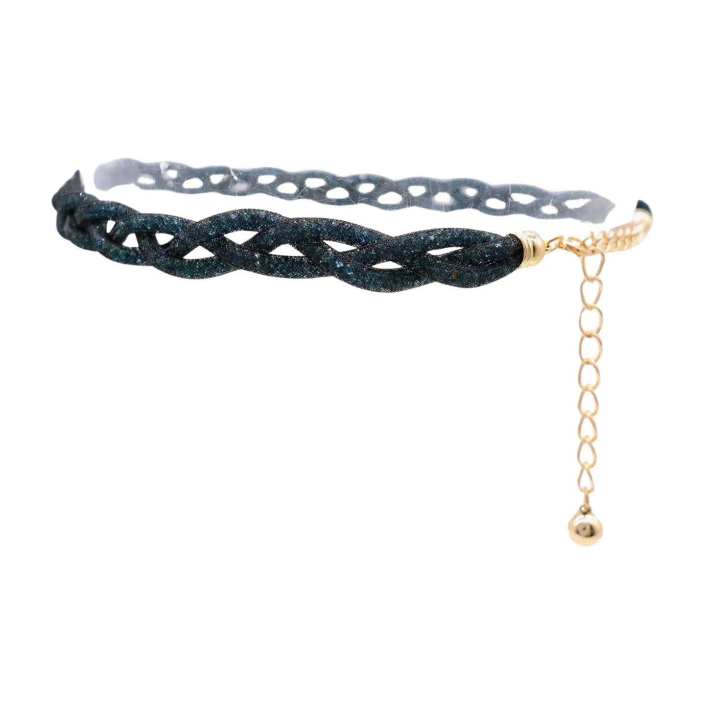 Women Black Mesh Braided Belt Blue Beads Gold Chain S M