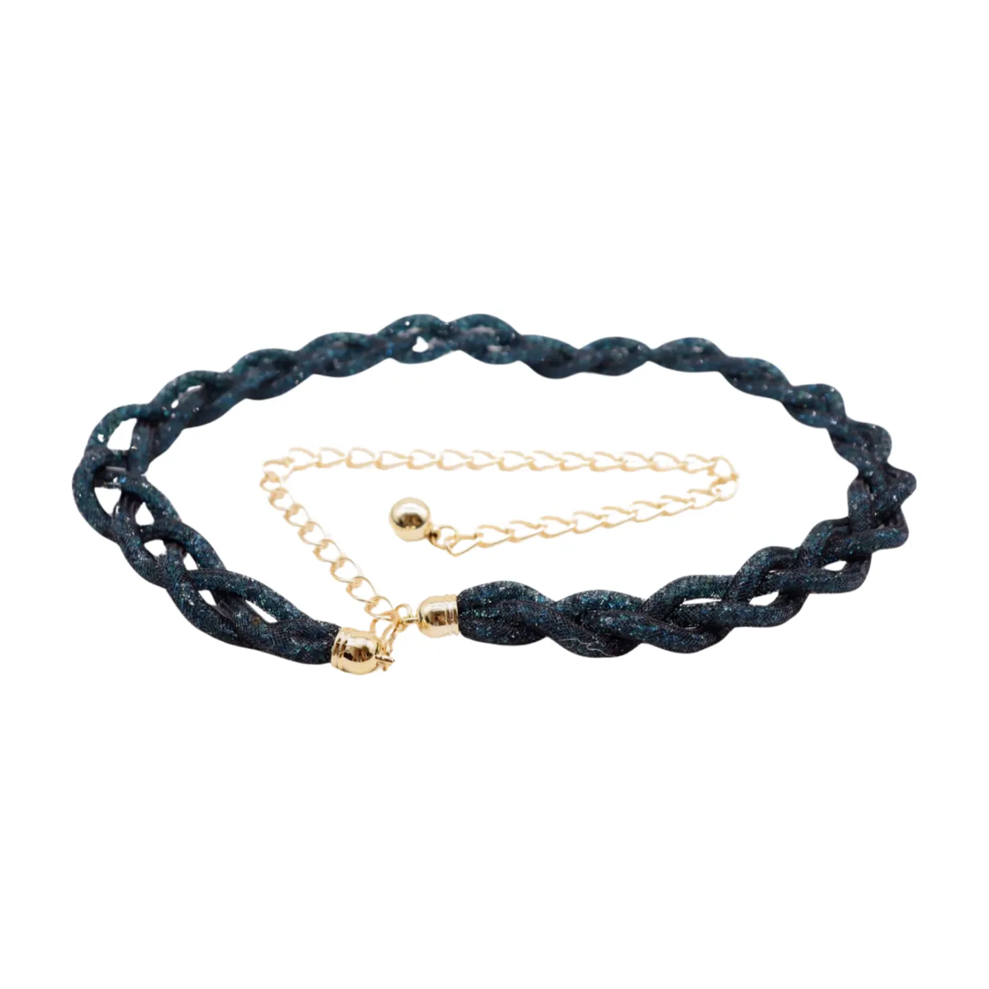Women Black Mesh Braided Belt Blue Beads Gold Chain S M