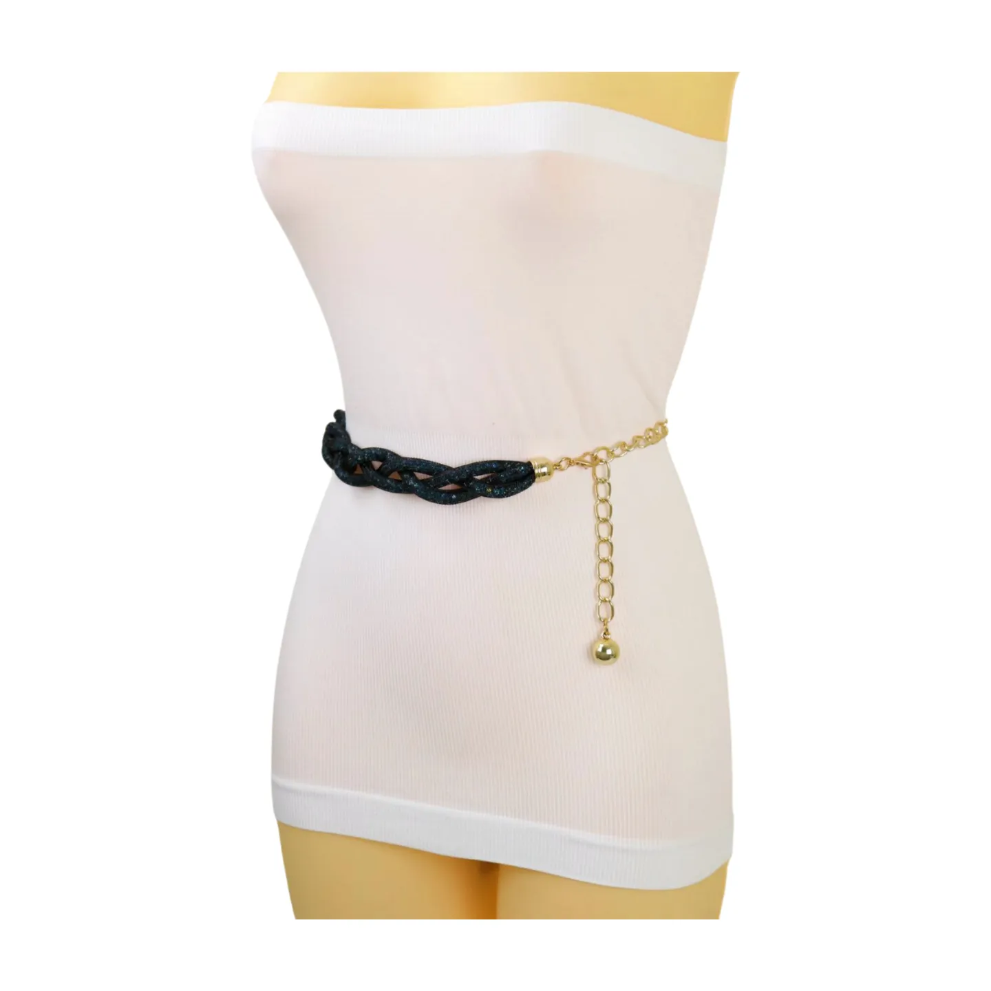 Women Black Mesh Braided Belt Blue Beads Gold Chain S M