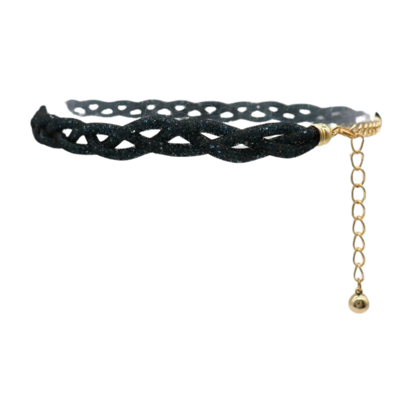 Women Black Mesh Braided Belt Blue Beads Gold Chain S M