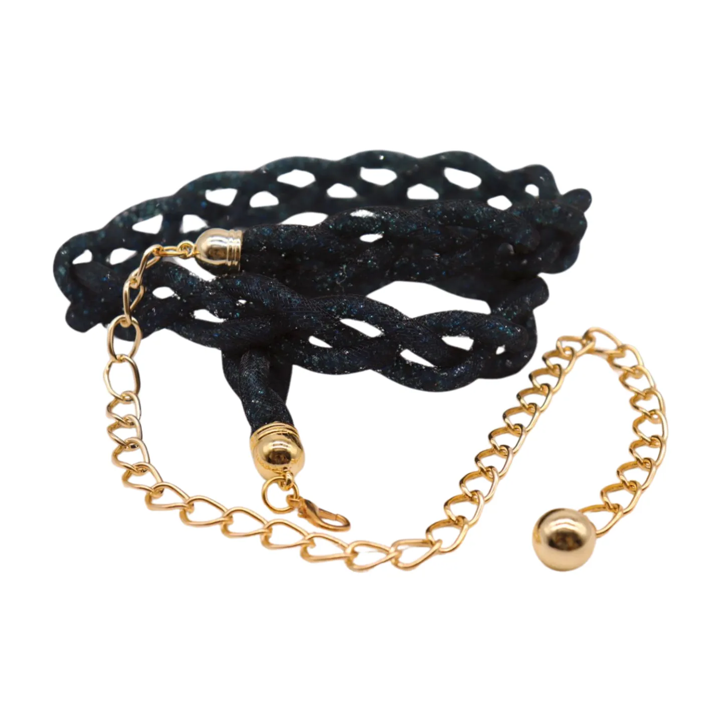 Women Black Mesh Braided Belt Blue Beads Gold Chain S M