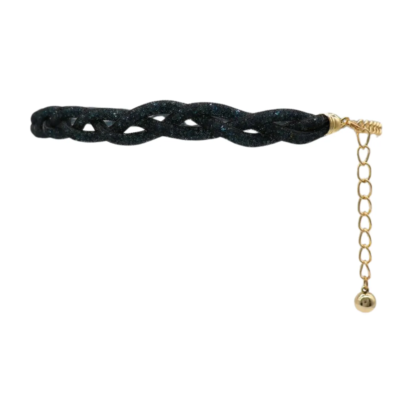 Women Black Mesh Braided Belt Blue Beads Gold Chain S M