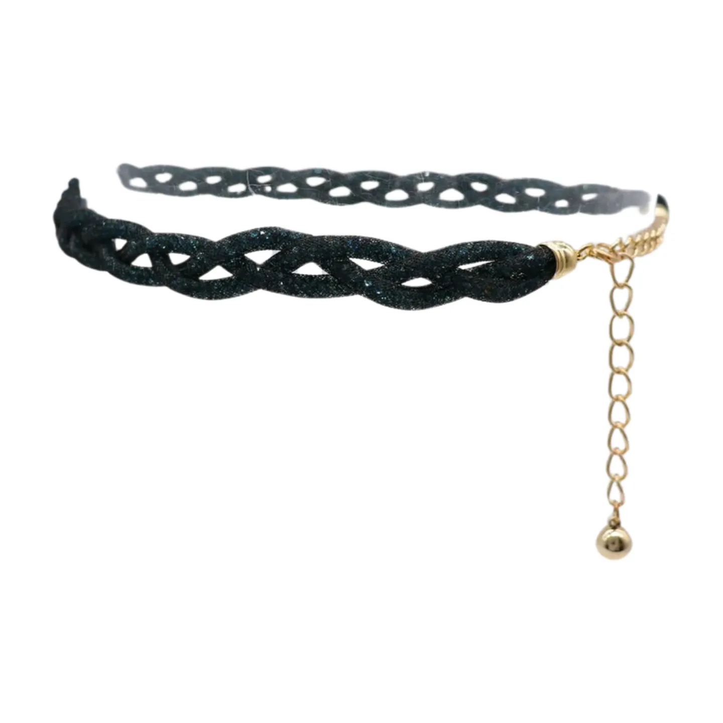 Women Black Mesh Braided Belt Blue Beads Gold Chain S M