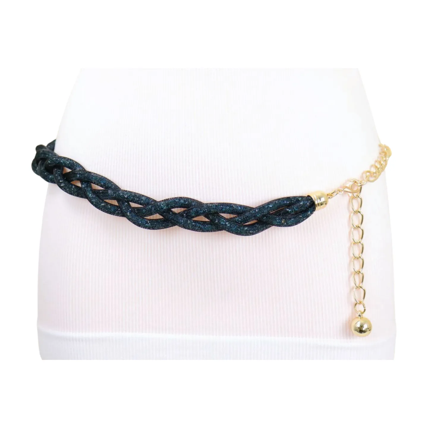 Women Black Mesh Braided Belt Blue Beads Gold Chain S M