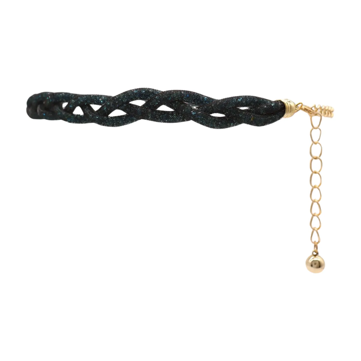 Women Black Mesh Braided Belt Blue Beads Gold Chain S M