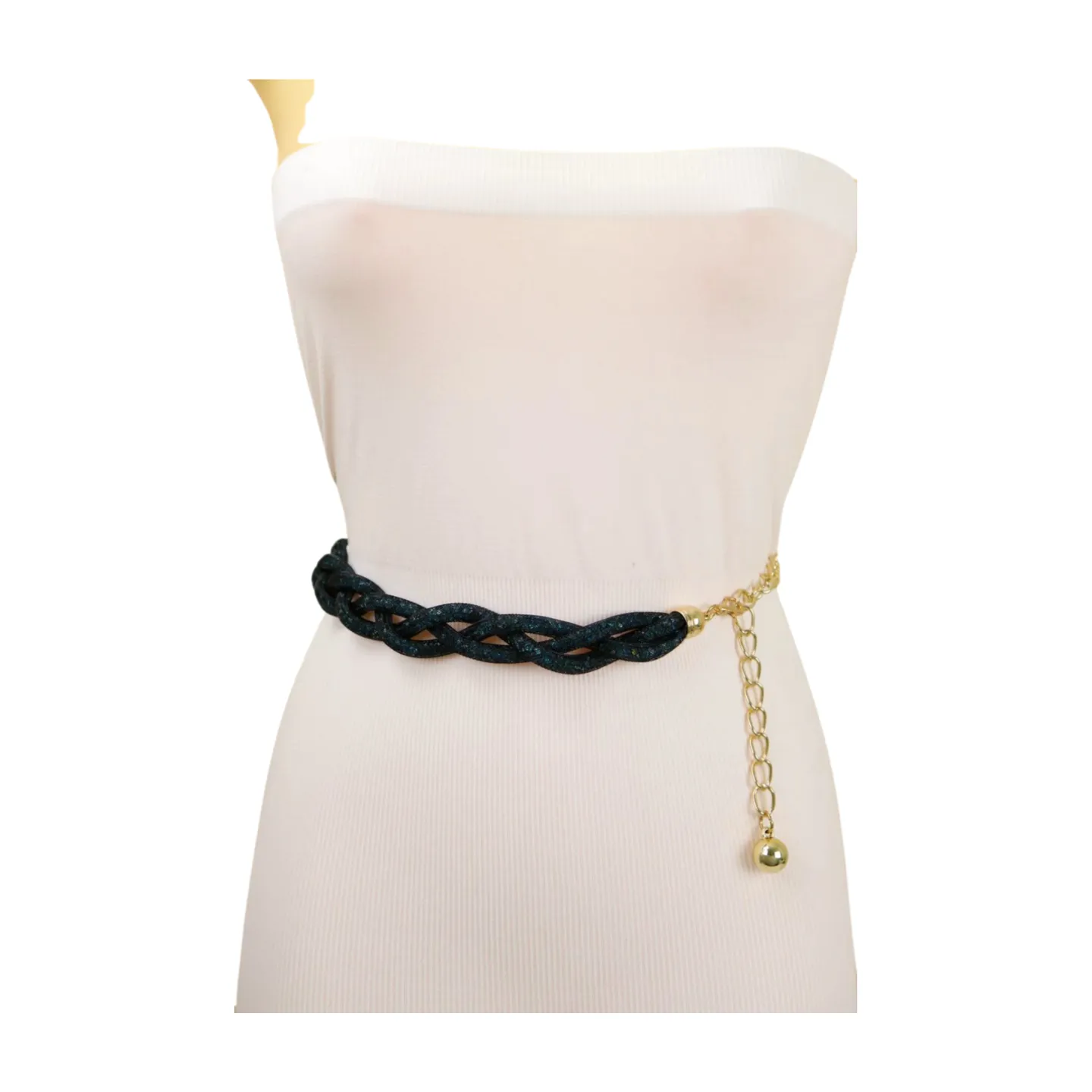Women Black Mesh Braided Belt Blue Beads Gold Chain S M