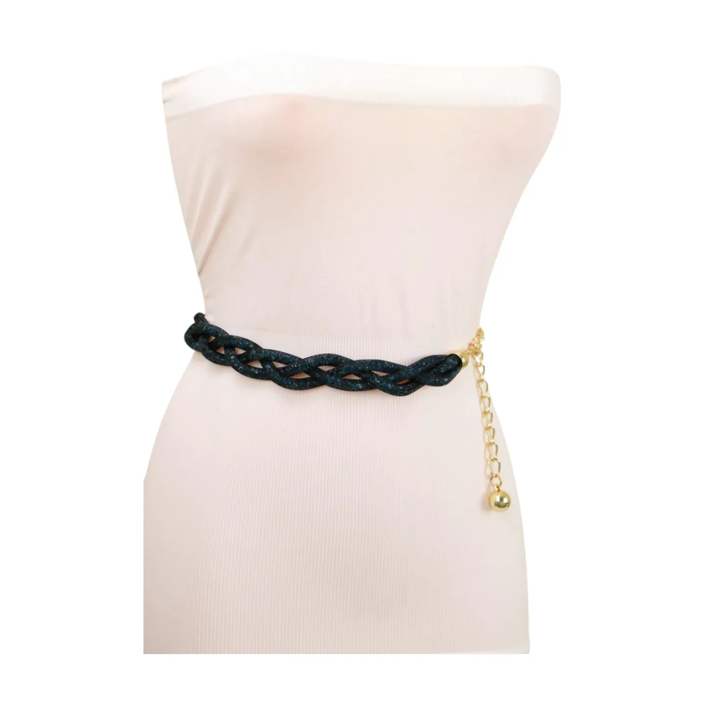 Women Black Mesh Braided Belt Blue Beads Gold Chain S M