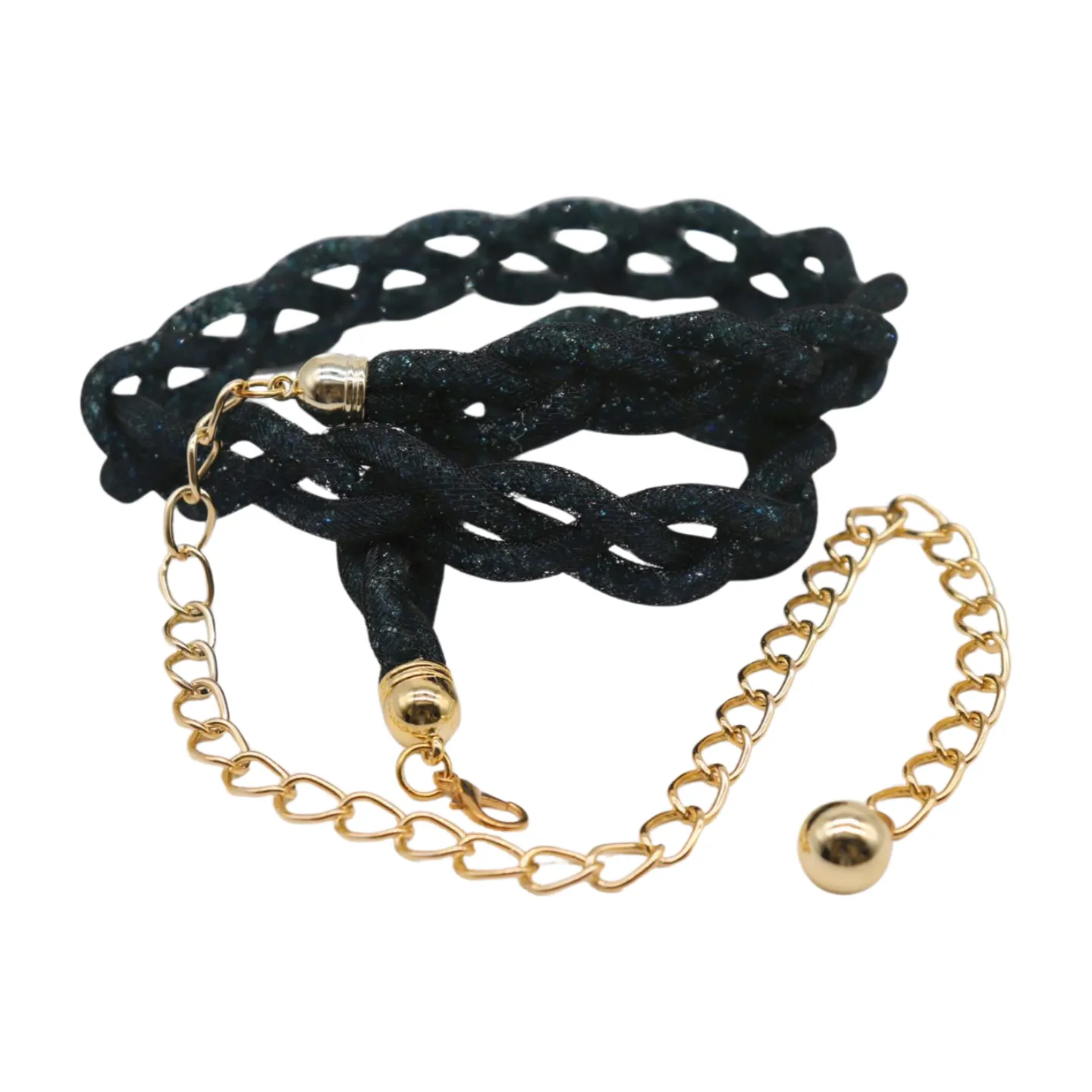 Women Black Mesh Braided Belt Blue Beads Gold Chain S M