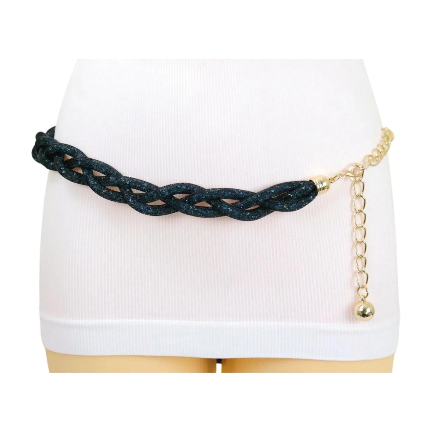 Women Black Mesh Braided Belt Blue Beads Gold Chain S M