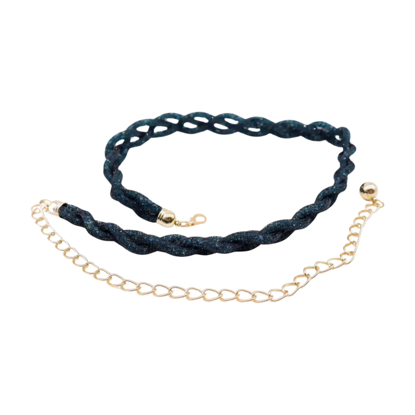 Women Black Mesh Braided Belt Blue Beads Gold Chain S M