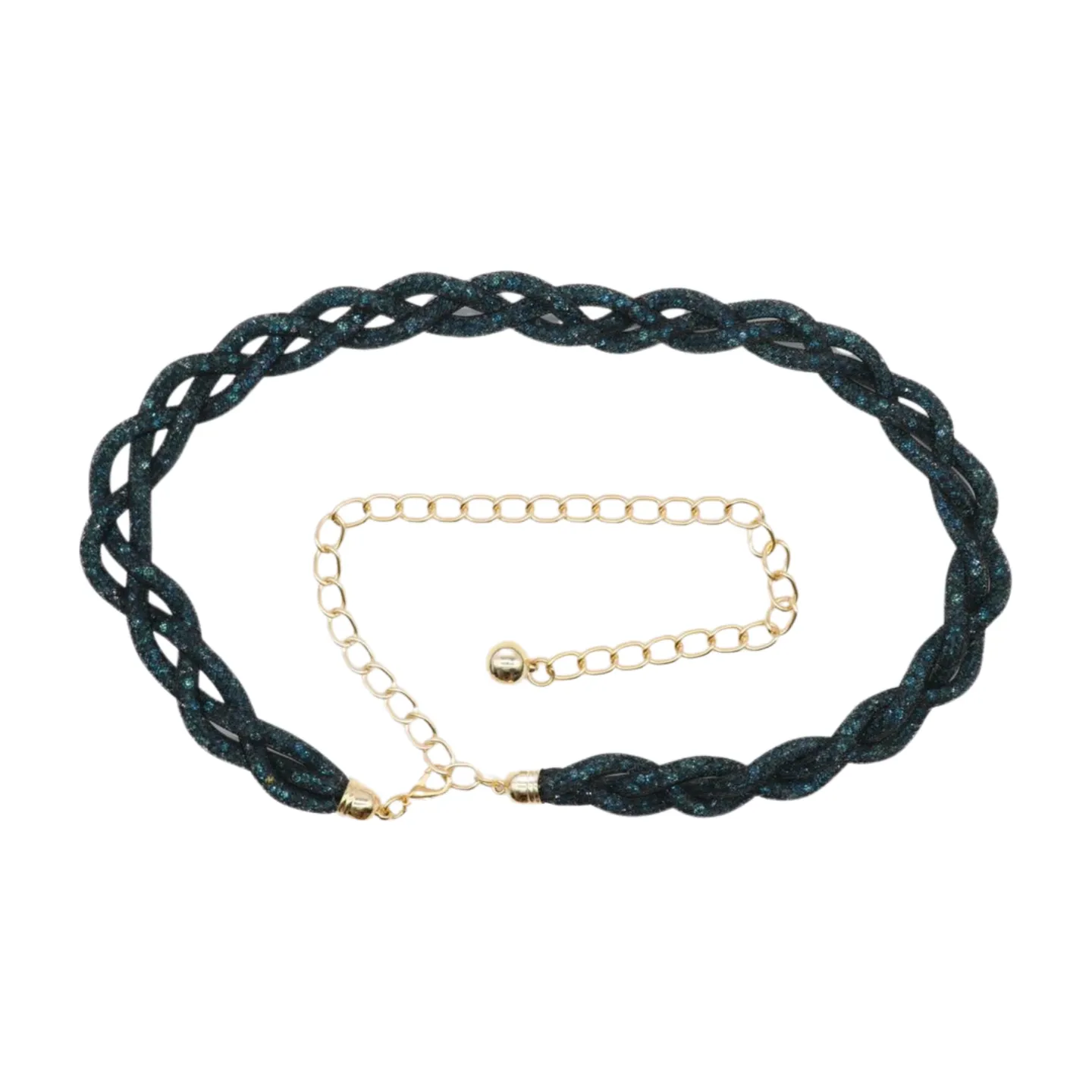 Women Black Mesh Braided Belt Blue Beads Gold Chain S M