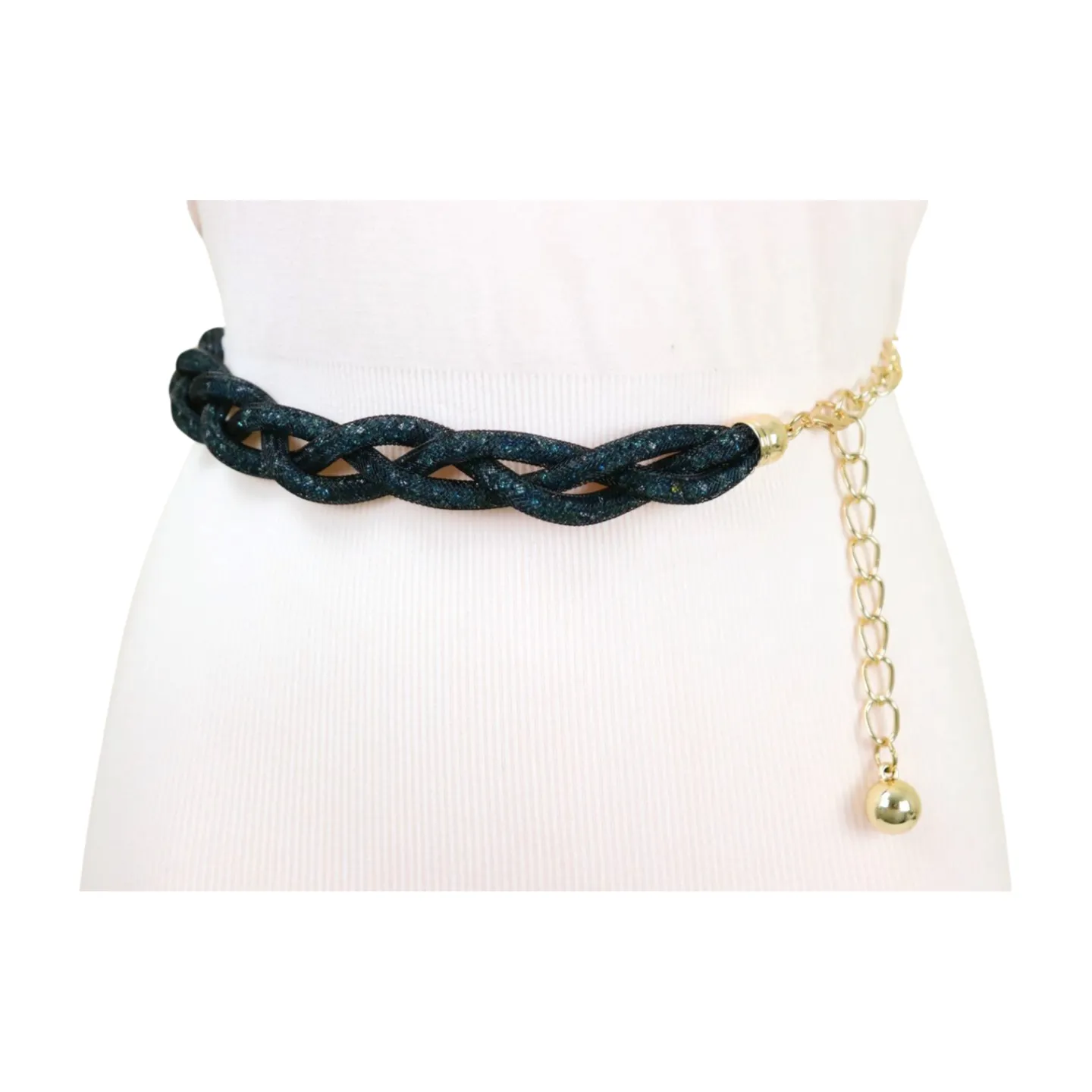 Women Black Mesh Braided Belt Blue Beads Gold Chain S M