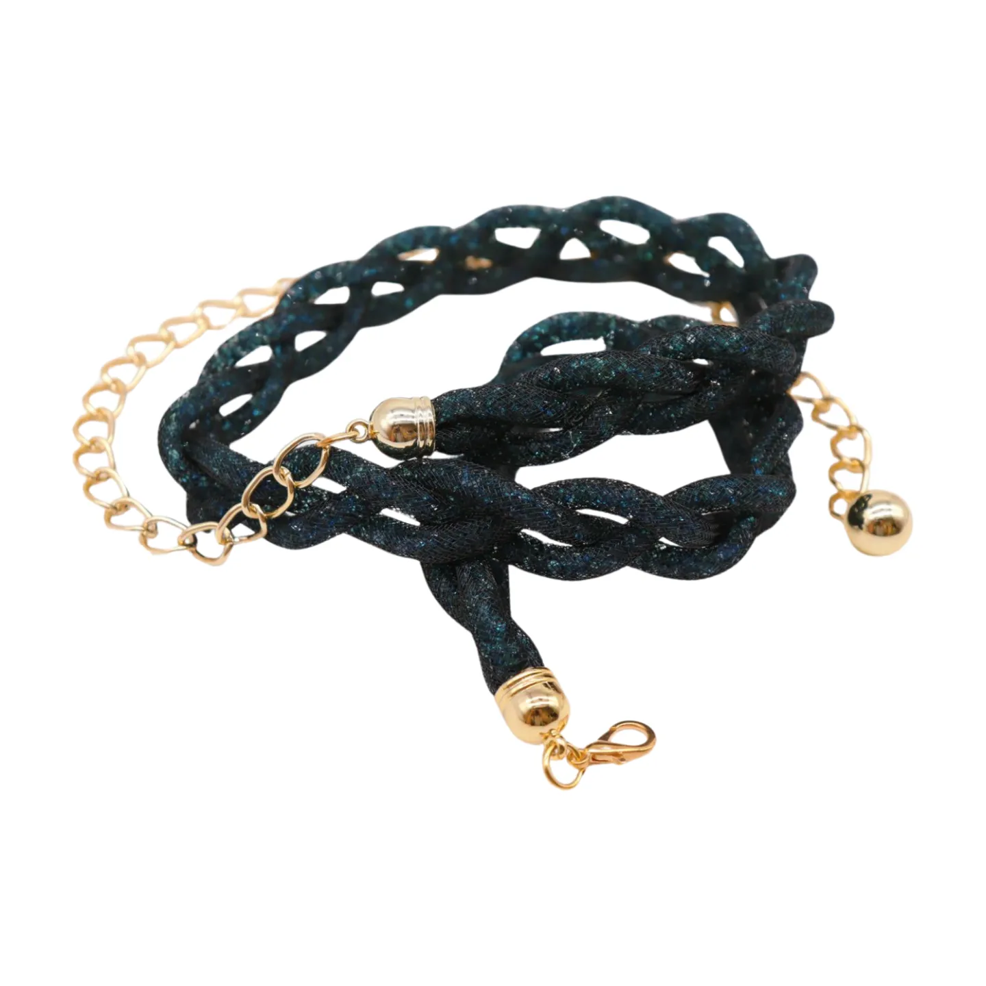 Women Black Mesh Braided Belt Blue Beads Gold Chain S M