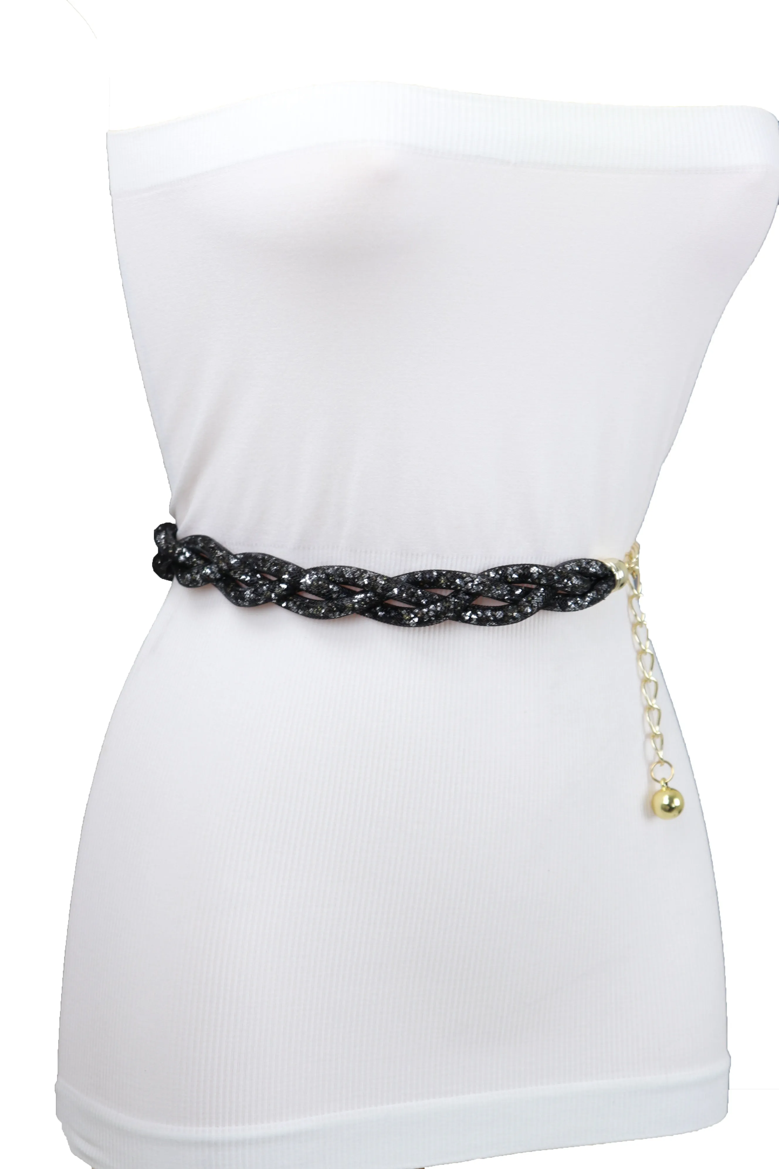 Women Black Mesh Braided Belt Silver Beads Gold Chain S M