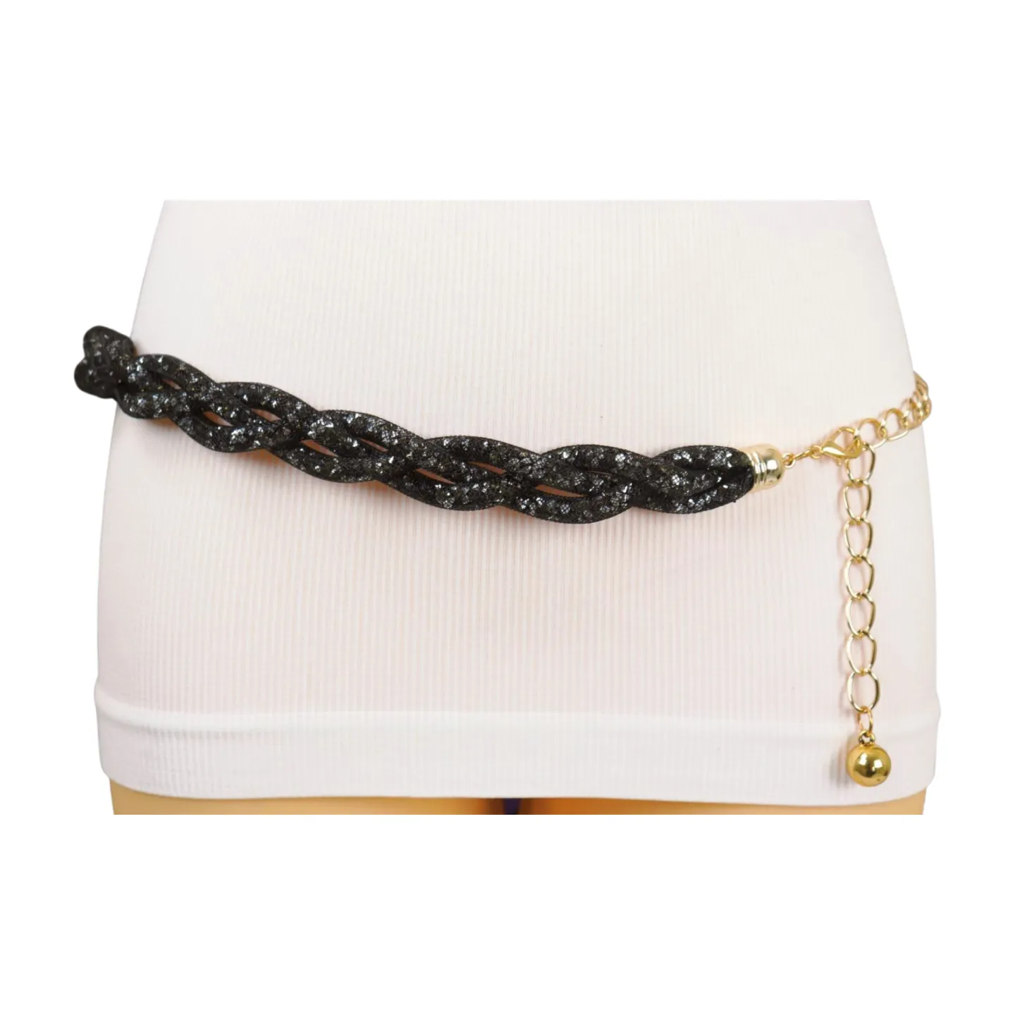 Women Black Mesh Braided Belt Silver Beads Gold Chain S M
