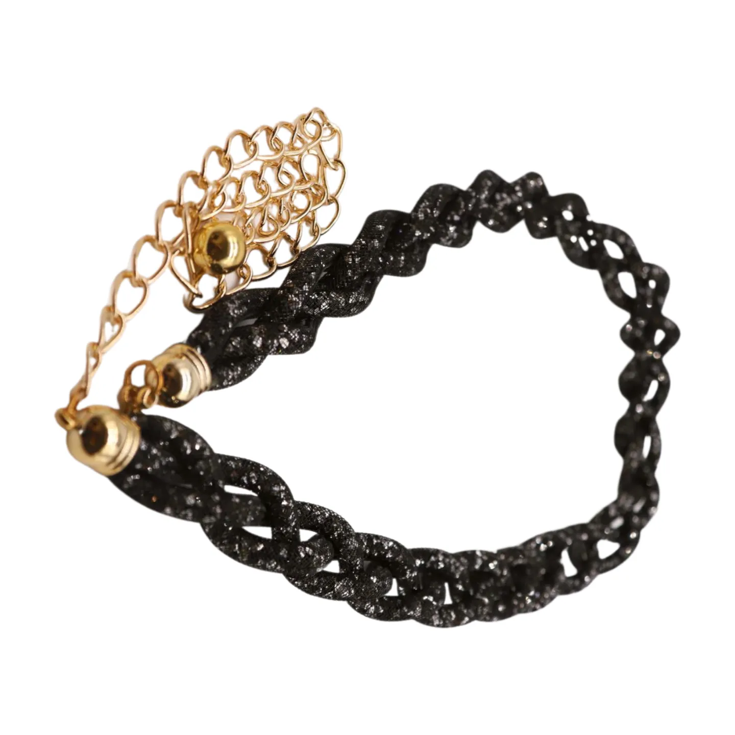 Women Black Mesh Braided Belt Silver Beads Gold Chain S M