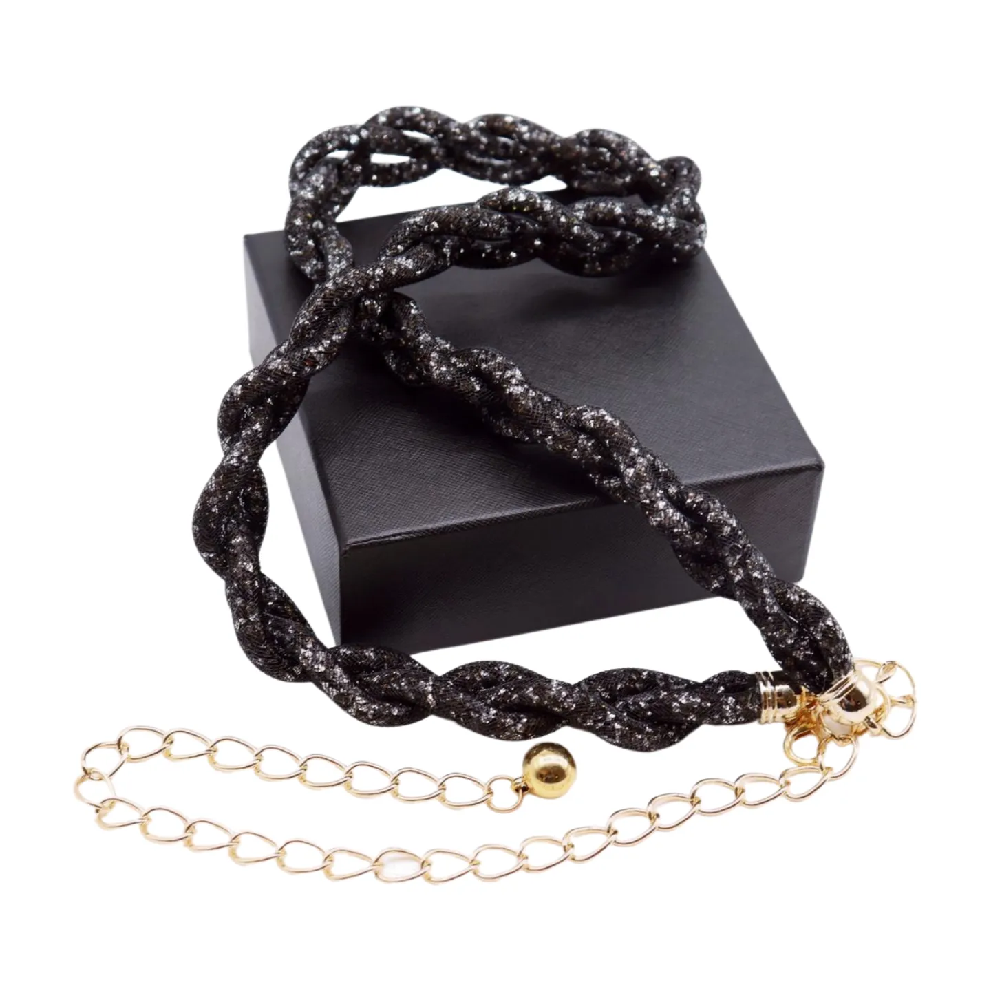 Women Black Mesh Braided Belt Silver Beads Gold Chain S M