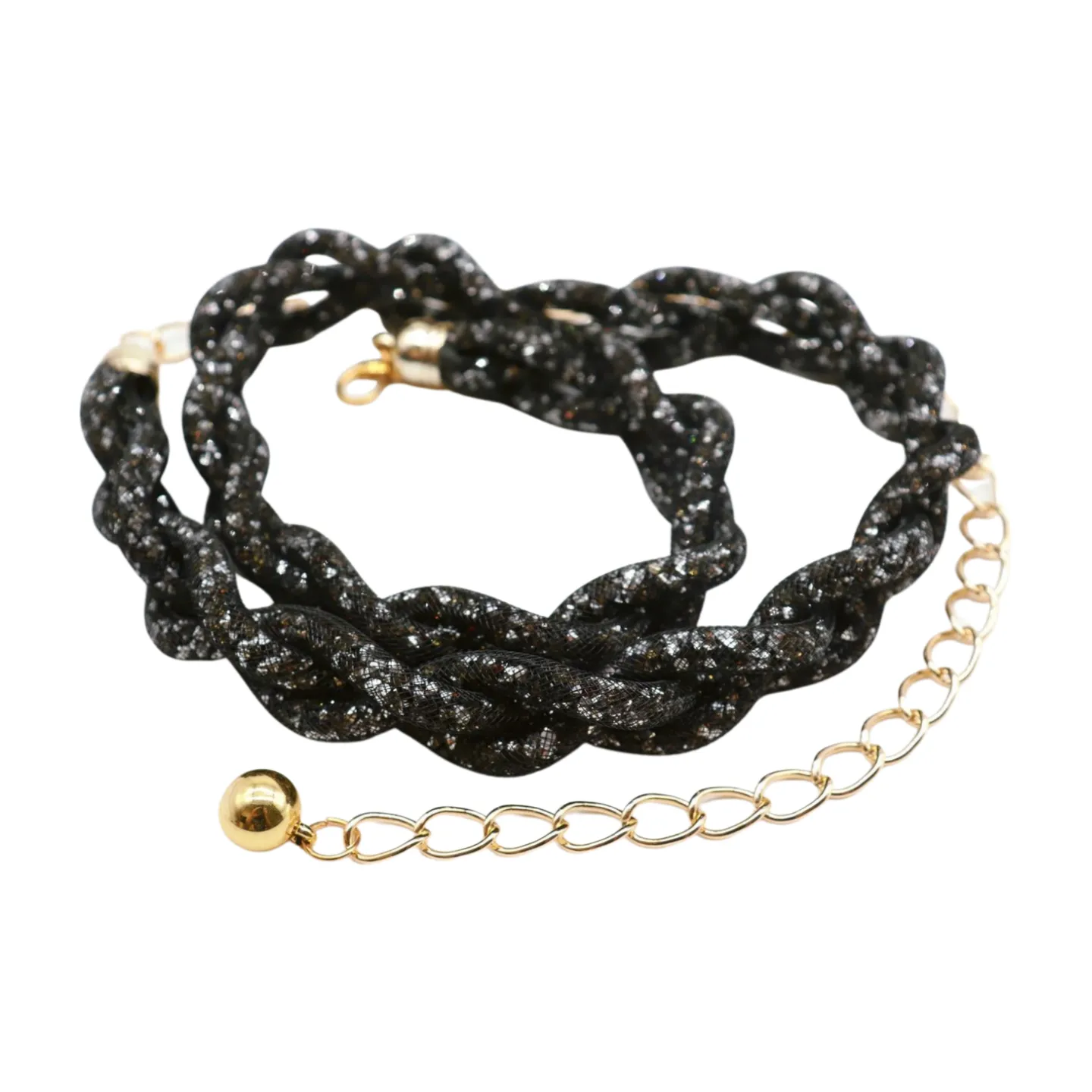 Women Black Mesh Braided Belt Silver Beads Gold Chain S M