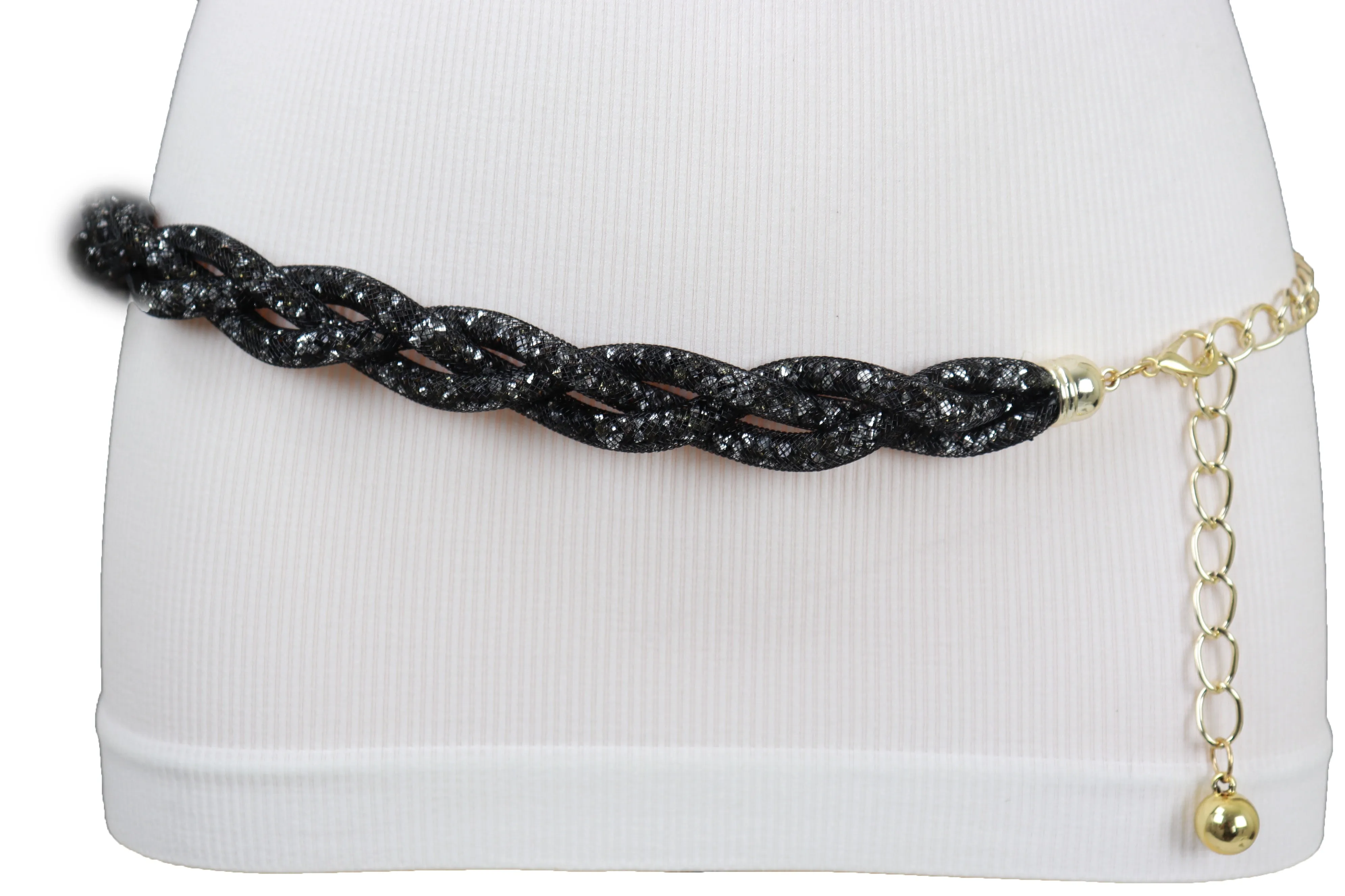 Women Black Mesh Braided Belt Silver Beads Gold Chain S M