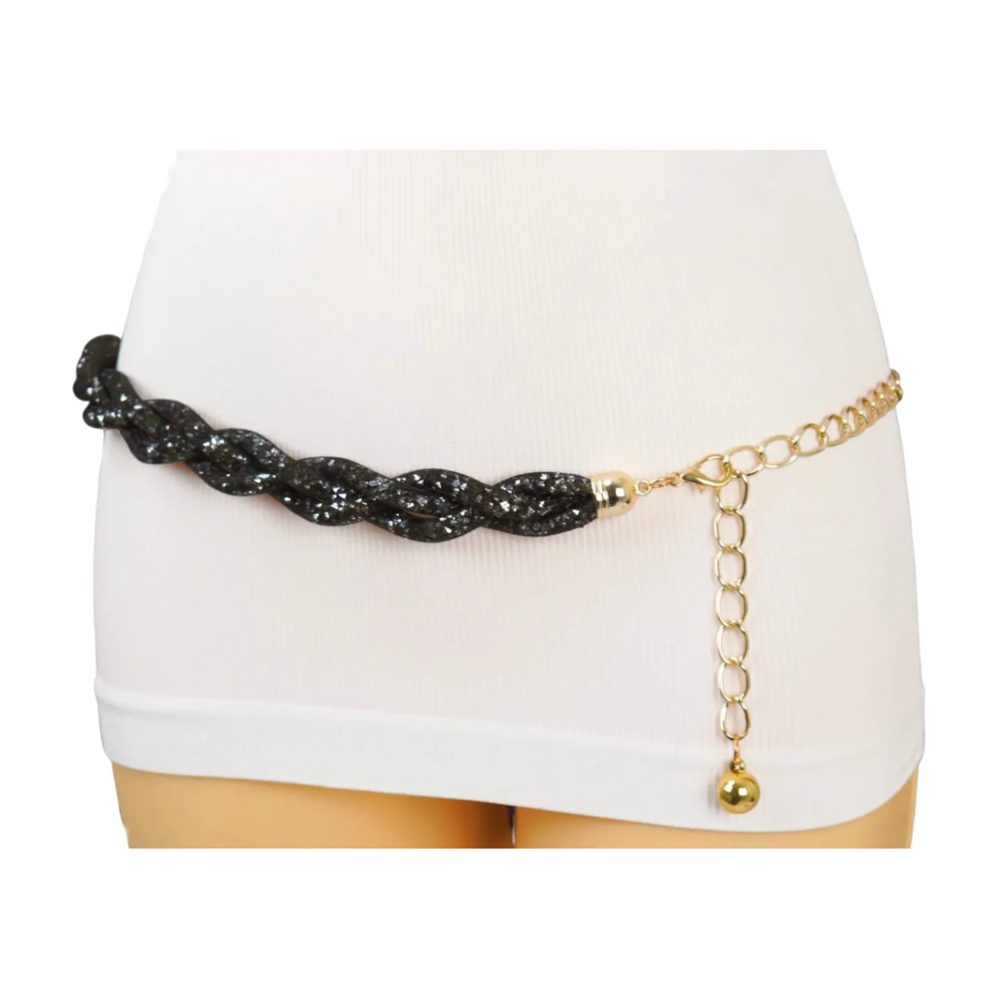 Women Black Mesh Braided Belt Silver Beads Gold Chain S M