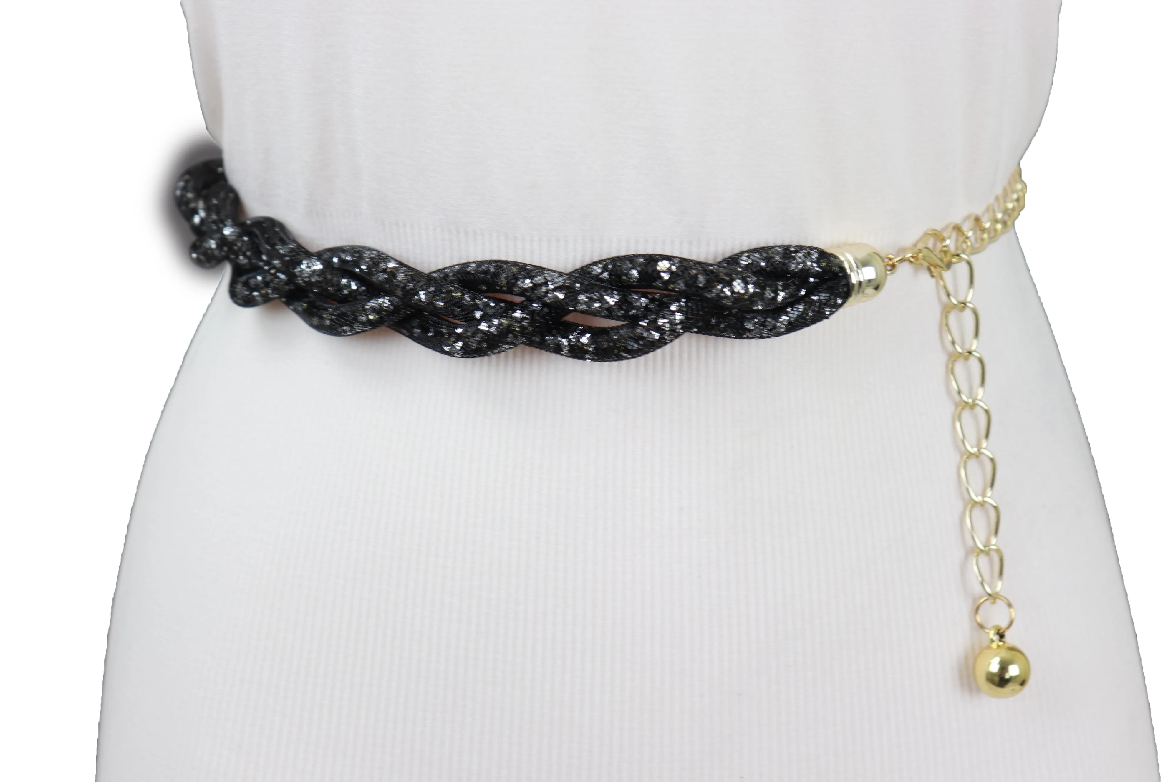 Women Black Mesh Braided Belt Silver Beads Gold Chain S M